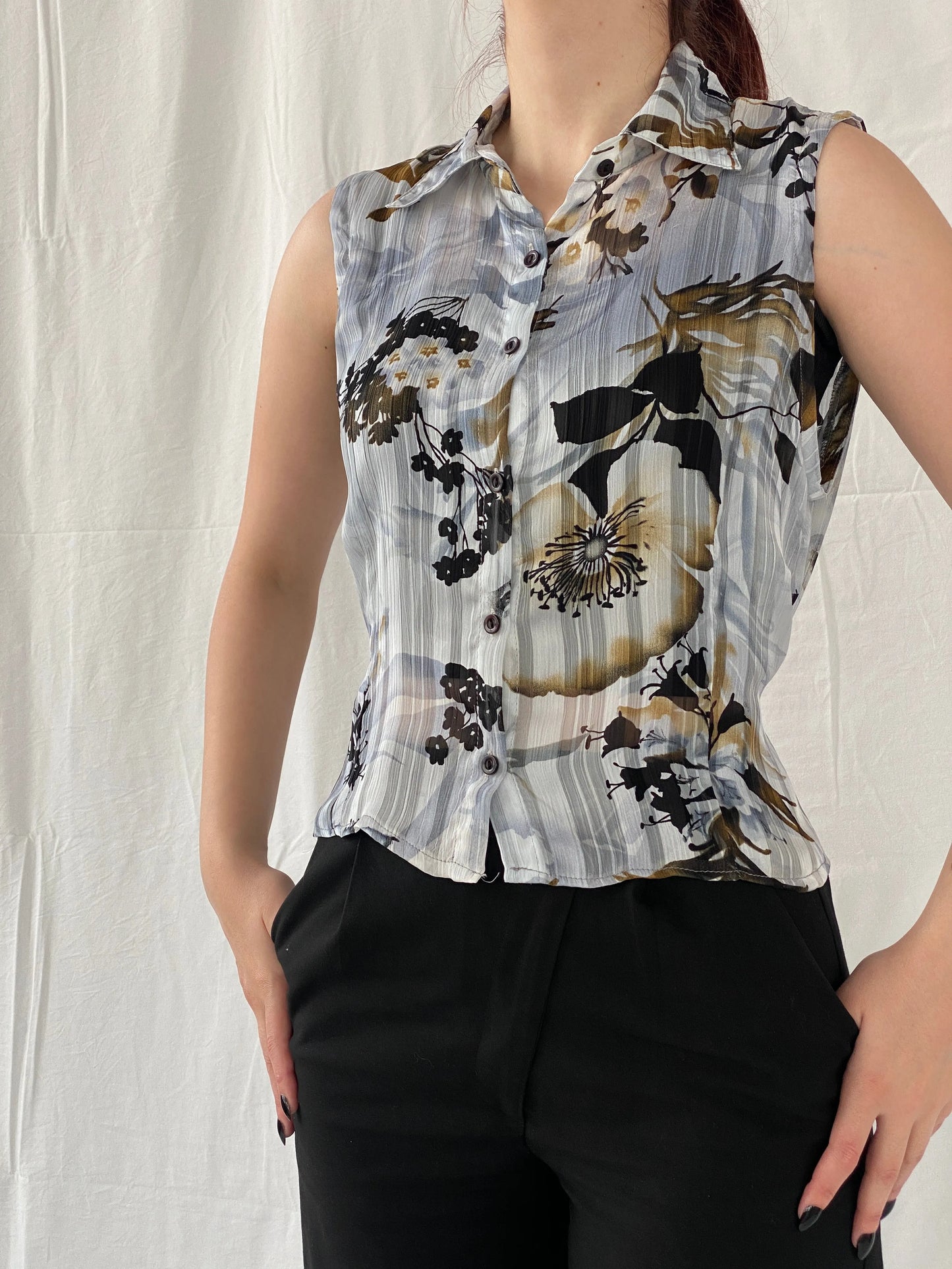 Vintage Fashionway Women’s Sheer Floral Sleeveless Buttoned Shirt - L - Balagan Vintage Sleeveless Top 00s, Ayah, floral, floral shirt, sheer, shirt, sleeveless top, women shirt