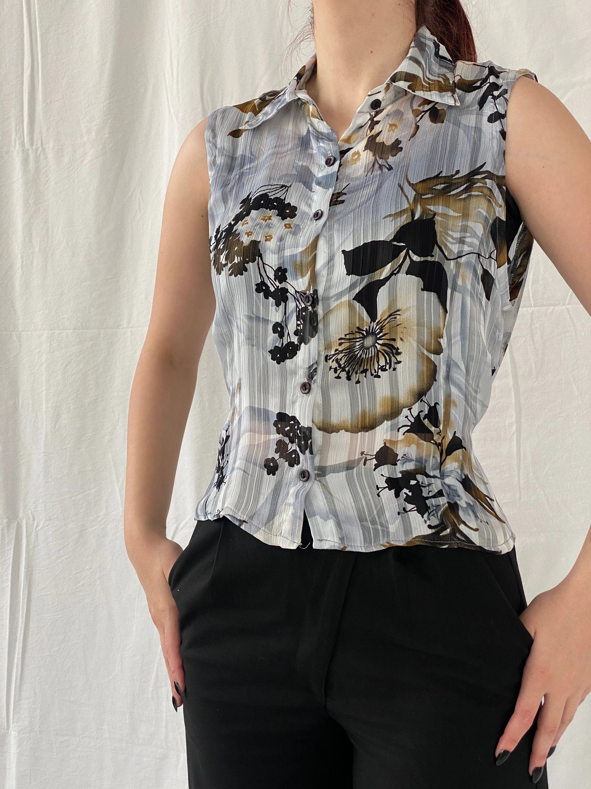Vintage Fashionway Women’s Sheer Floral Sleeveless Buttoned Shirt - L - Balagan Vintage Sleeveless Top 00s, Ayah, floral, floral shirt, sheer, shirt, sleeveless top, women shirt