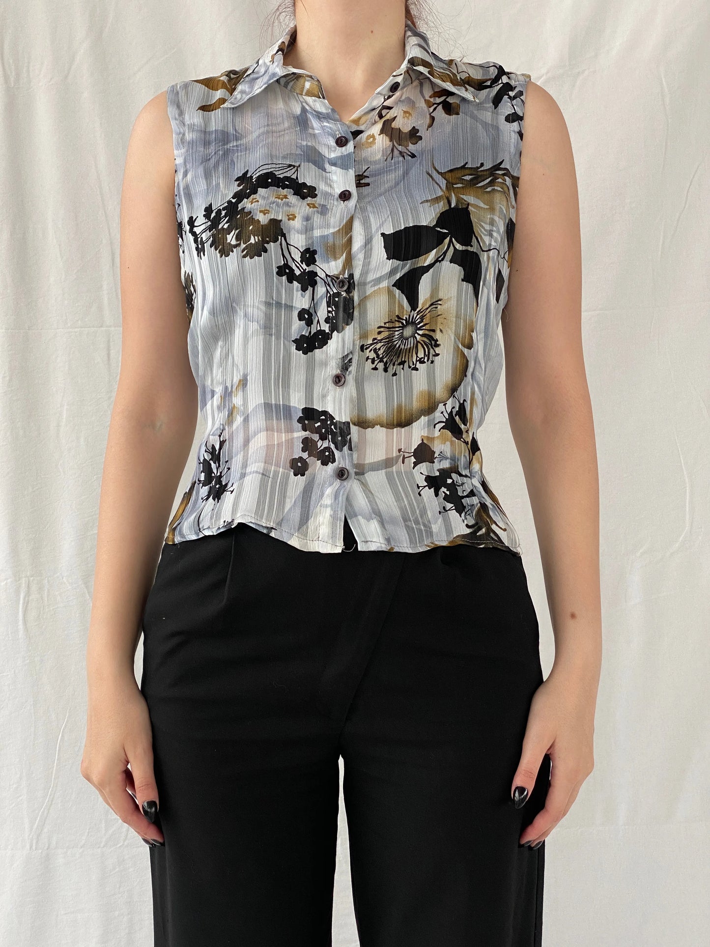 Vintage Fashionway Women’s Sheer Floral Sleeveless Buttoned Shirt - L - Balagan Vintage Sleeveless Top 00s, Ayah, floral, floral shirt, sheer, shirt, sleeveless top, women shirt