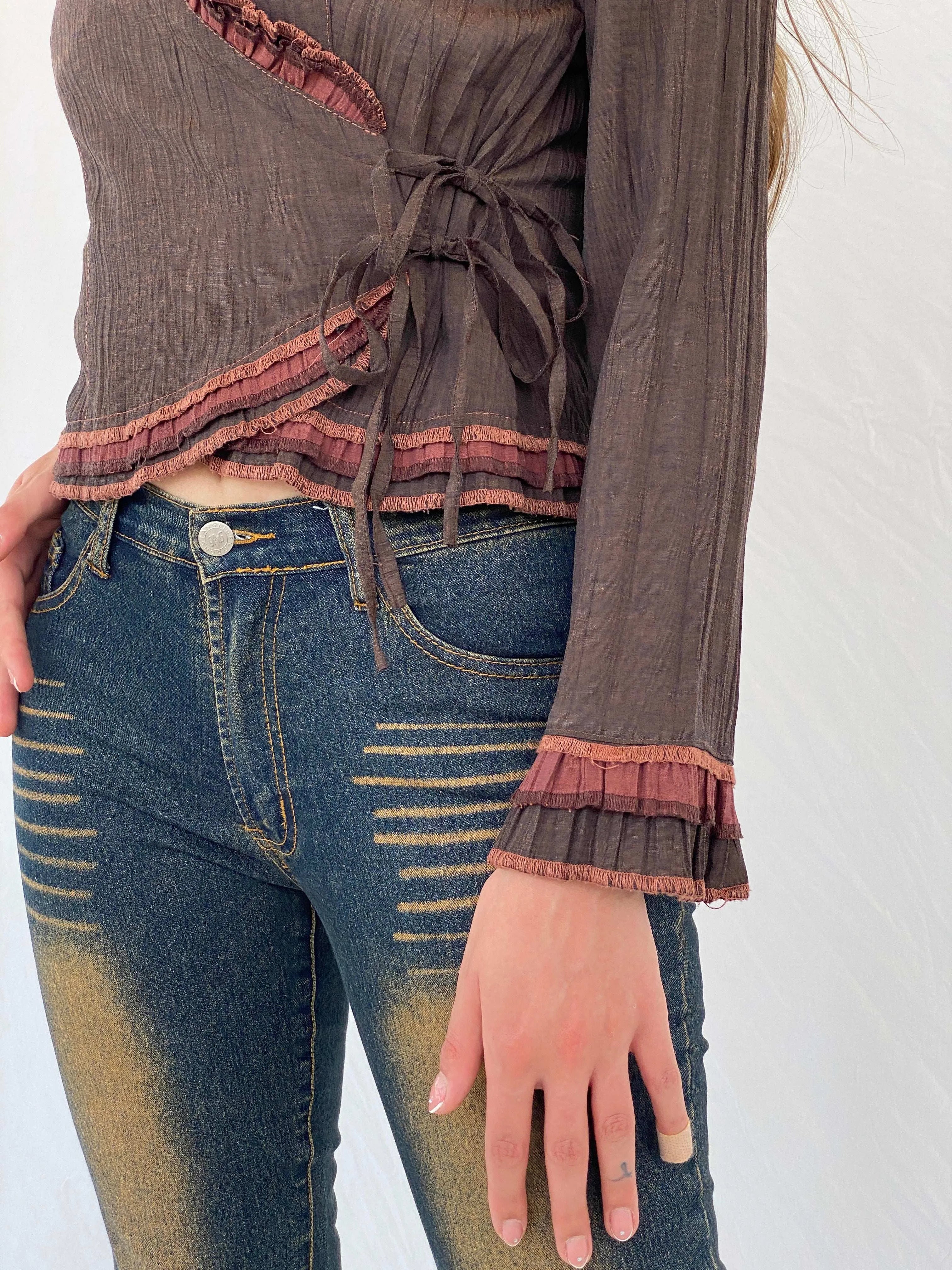 Vintage Femmes Je Vous Aime Brown Wrap Top - M - Balagan Vintage Full sleeve Shirt 00s, 90s, full sleeve shirt, Mira, wrap top