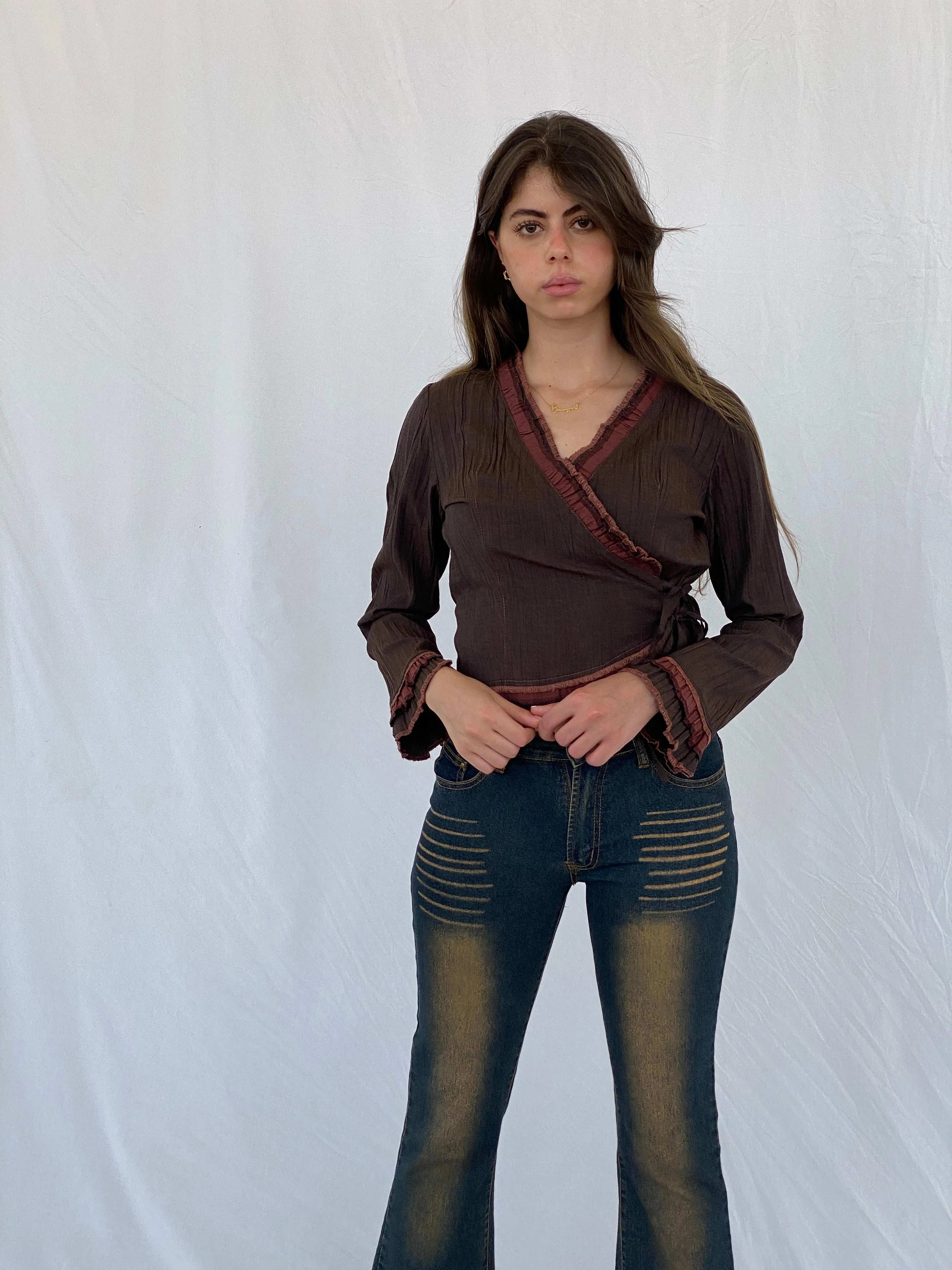Vintage Femmes Je Vous Aime Brown Wrap Top - M - Balagan Vintage Full sleeve Shirt 00s, 90s, full sleeve shirt, Mira, wrap top