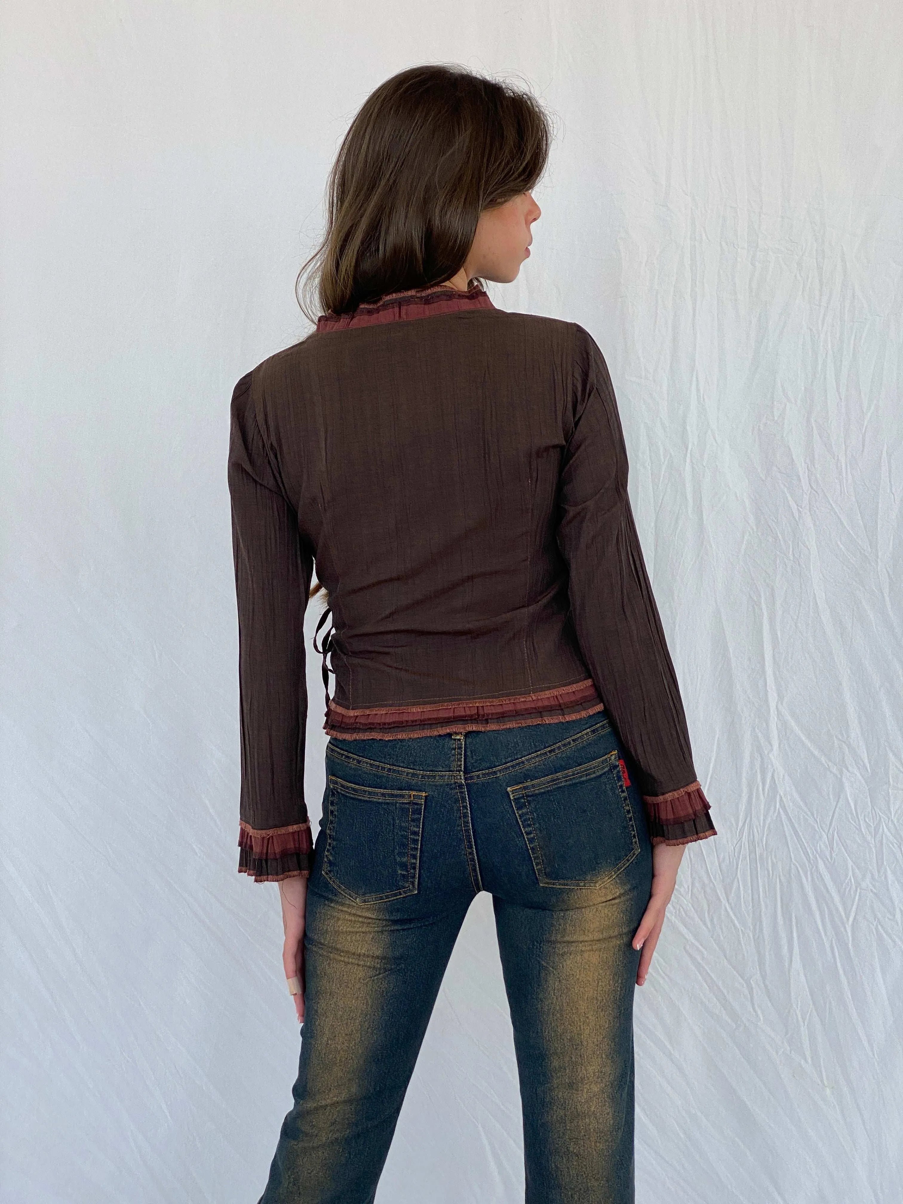 Vintage Femmes Je Vous Aime Brown Wrap Top - M - Balagan Vintage Full sleeve Shirt 00s, 90s, full sleeve shirt, Mira, wrap top