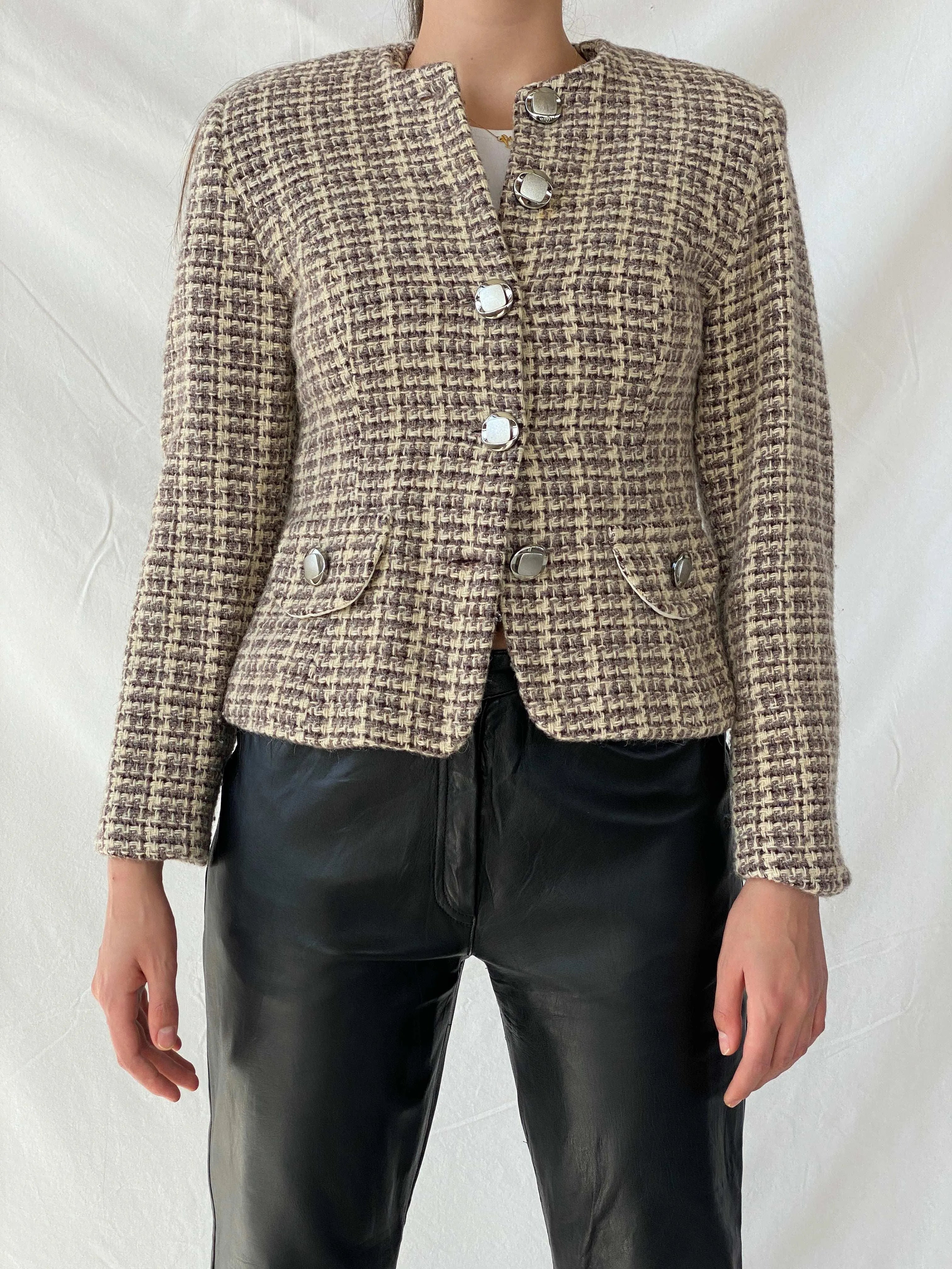 Vintage Finest Worsted Cream & Brown Tweed Blazer - M - Balagan Vintage Blazer 00s, blazer, full sleeve blazer, Mira, plaid, plaid blazer