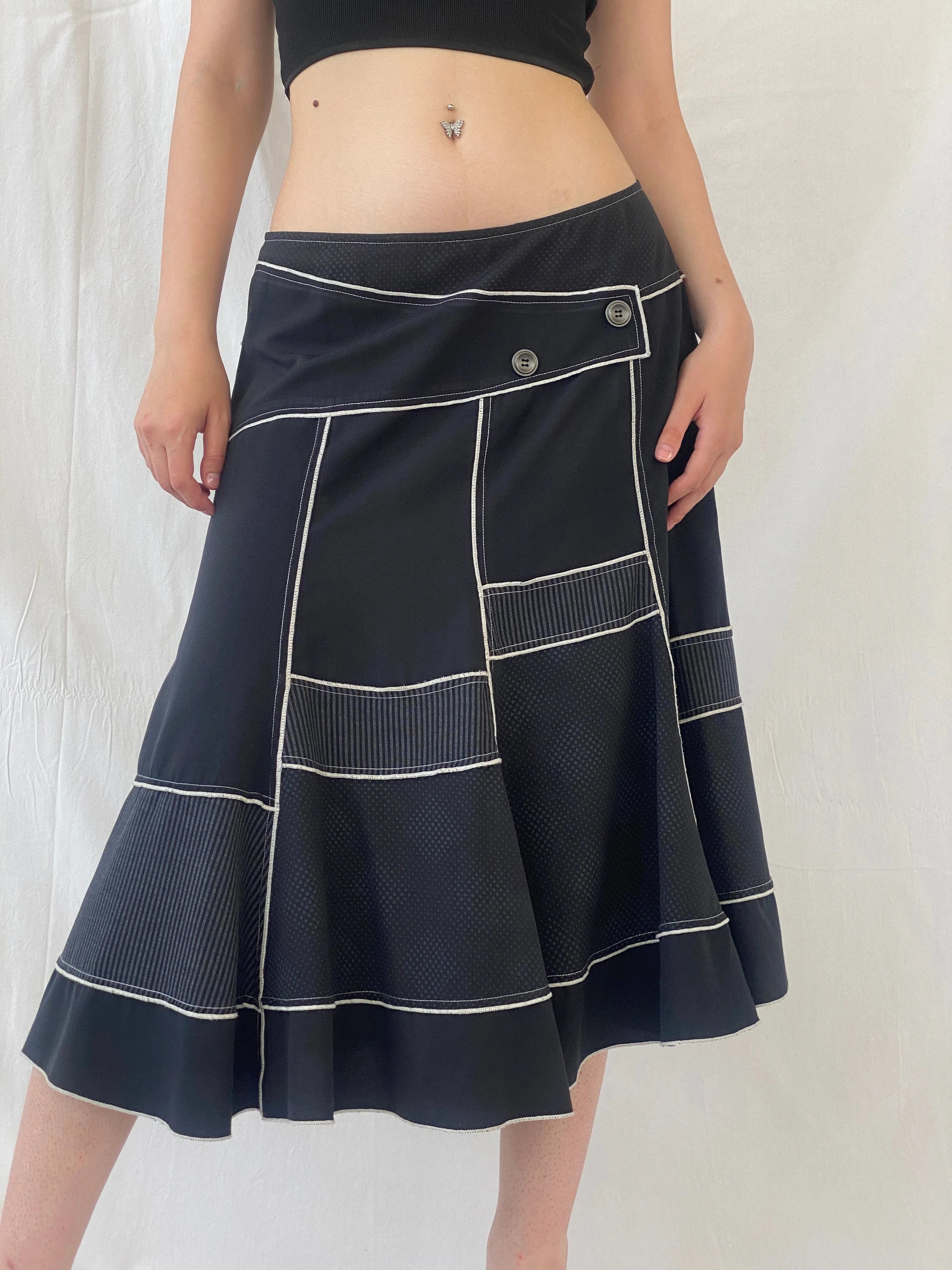 Vintage Fiorella Di Verdi Black Midi Whimsy Goth Patchwork Skirt - L - Balagan Vintage Midi Skirt Ayah, midi skirt, striped, women skirt