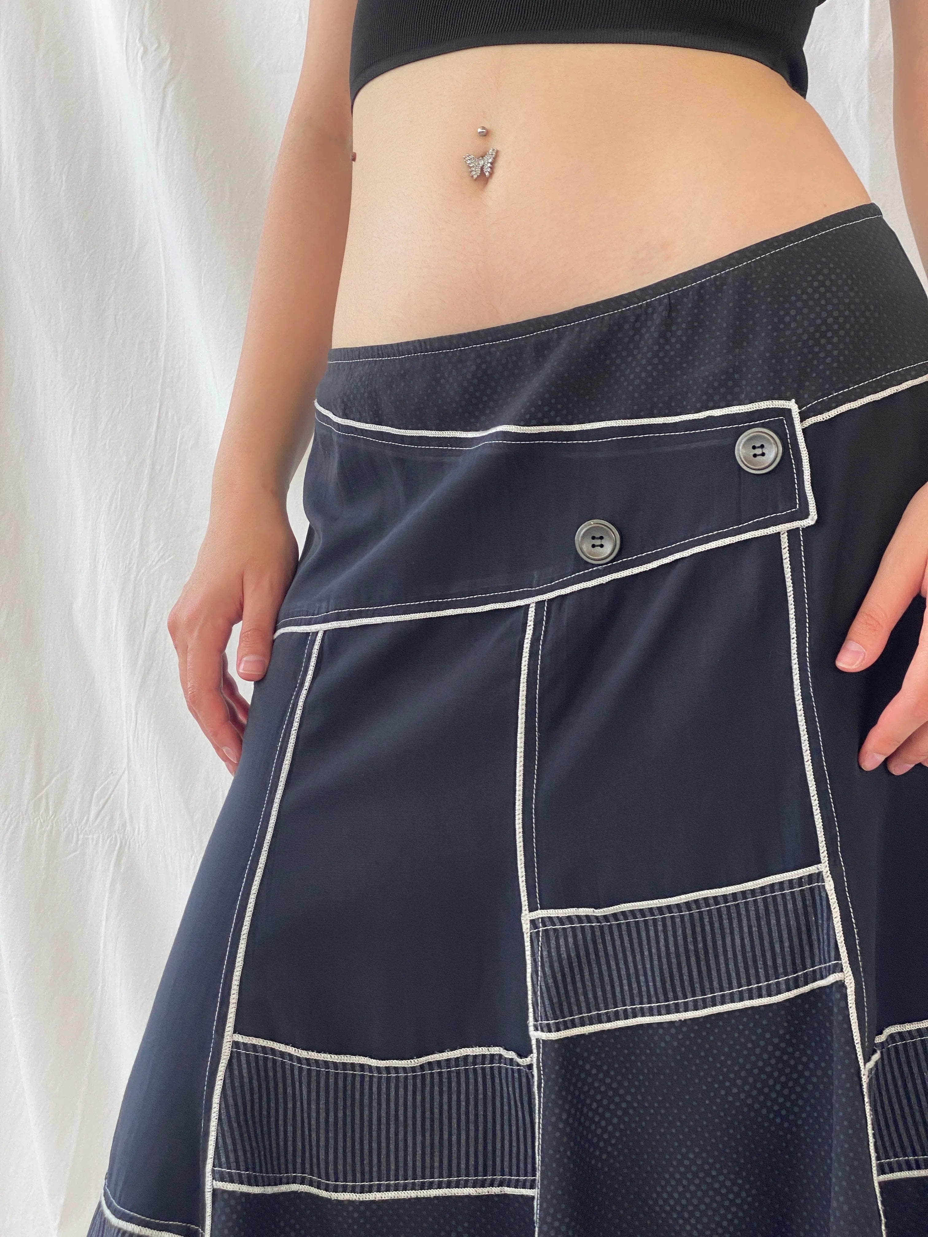 Vintage Fiorella Di Verdi Black Midi Whimsy Goth Patchwork Skirt - L - Balagan Vintage Midi Skirt Ayah, midi skirt, striped, women skirt