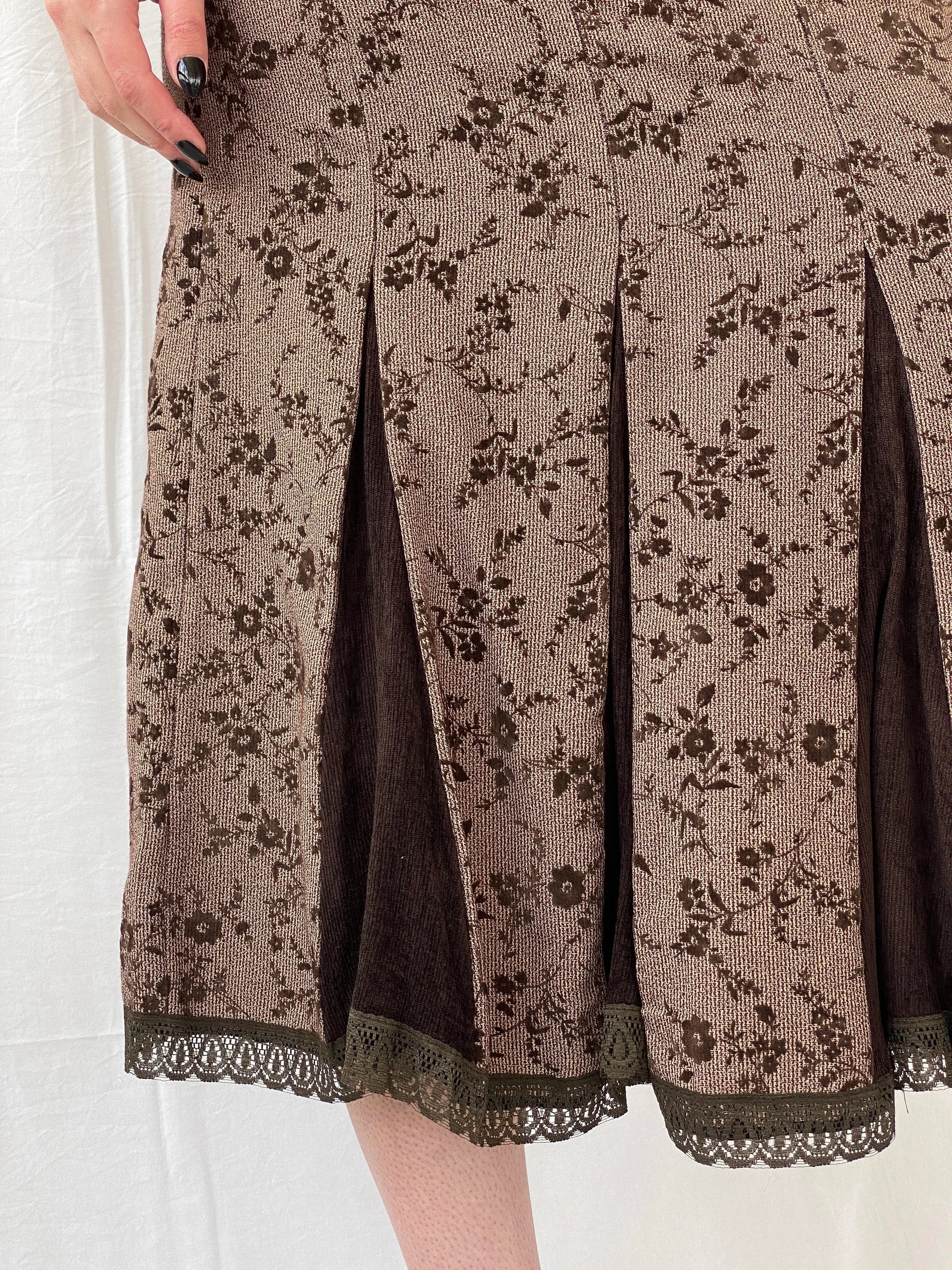 Vintage Floral Brown Lace Trim Pleated Corduroy Midi Skirt - M - Balagan Vintage Midi Skirt 00s, Ayah, floral, floral skirt, midi skirt, women skirt