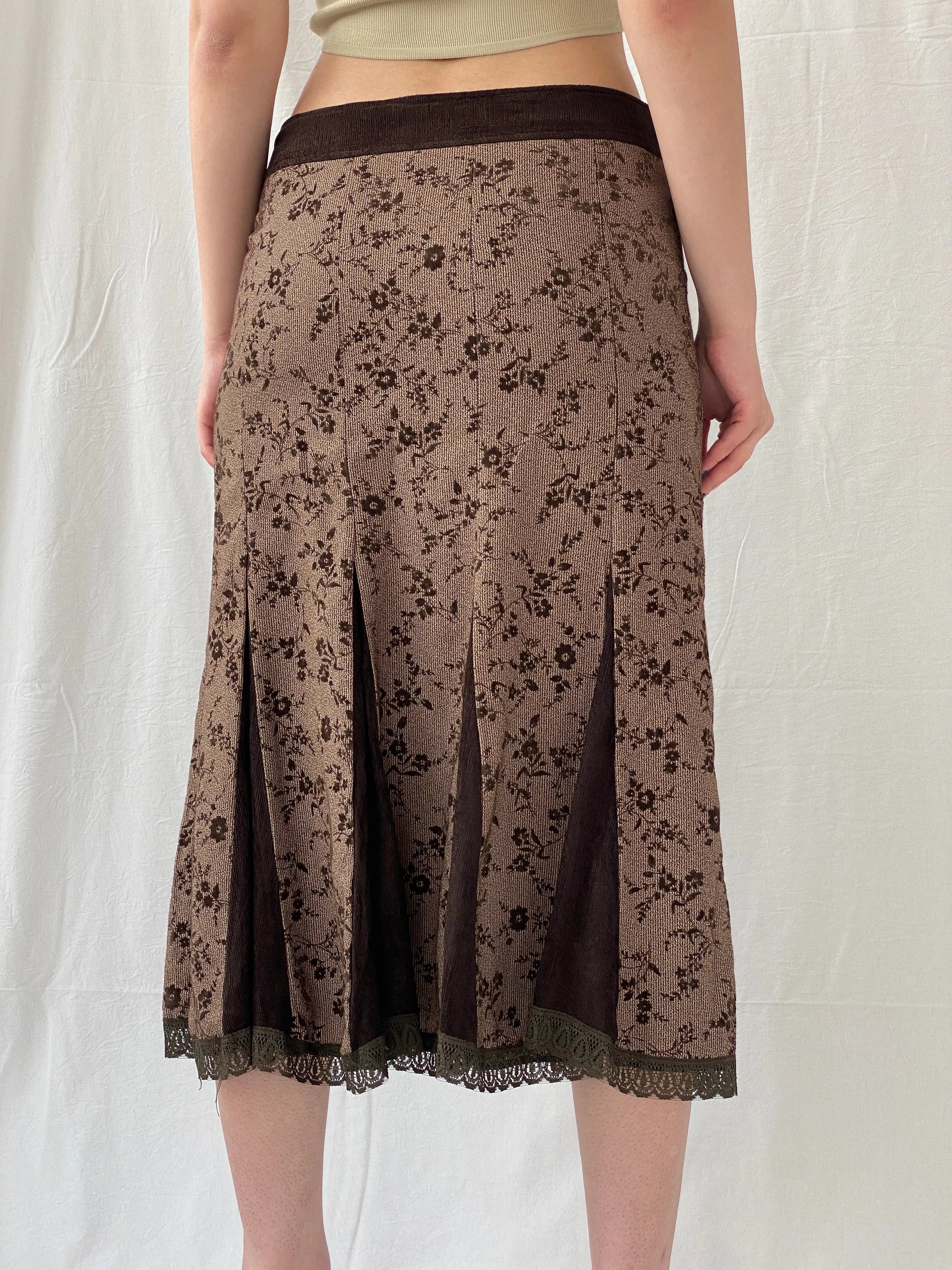 Vintage Floral Brown Lace Trim Pleated Corduroy Midi Skirt - M - Balagan Vintage Midi Skirt 00s, Ayah, floral, floral skirt, midi skirt, NEW IN, women skirt