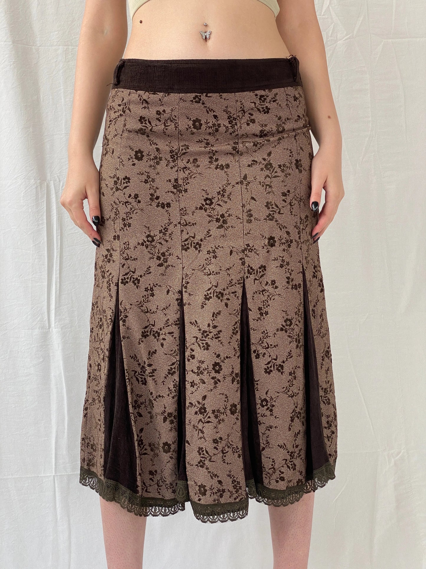 Vintage Floral Brown Lace Trim Pleated Corduroy Midi Skirt - M - Balagan Vintage Midi Skirt 00s, Ayah, floral, floral skirt, midi skirt, women skirt