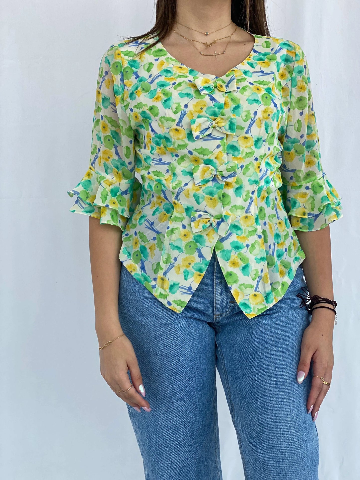Vintage Floral Green and Yellow Shirt Size S - Balagan Vintage Half Sleeve Shirt floral, floral print, floral shirt, Juana