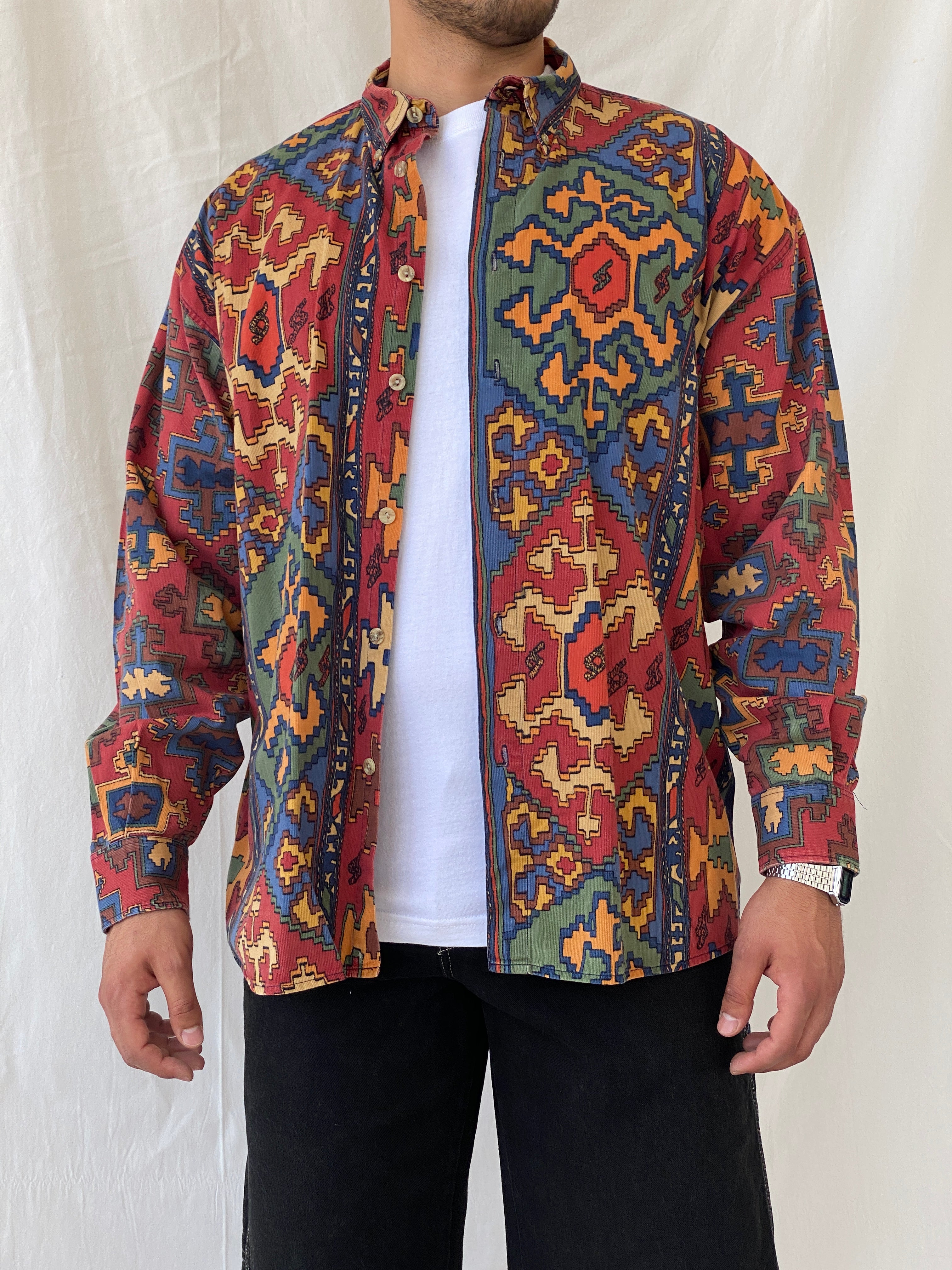 Vintage Foreground Western Colorful Long Sleeve Button Up Men’s Shirt - XL - Balagan Vintage Full Sleeve Shirt 90s, full sleeve shirt, half sleeve shirt, mens shirt, printed shirt, Ramez, silk