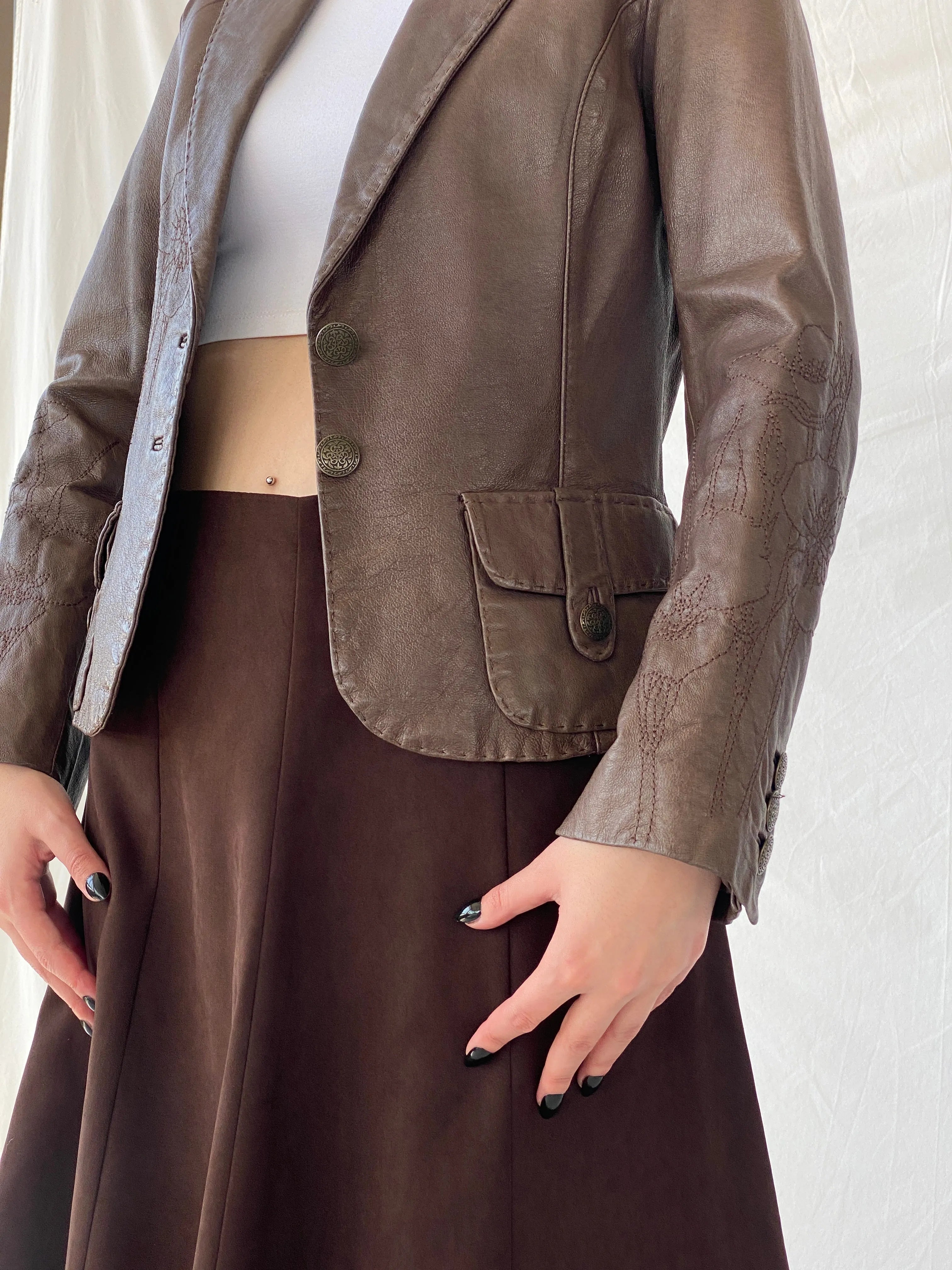 Vintage FRANSA Brown Genuine Leather Floral Embroidered Women’s Blazer Jacket - M - Balagan Vintage Leather Jacket 00s, Ayah, brown leather, genuine leather, genuine leather jacket, leather, leather jacket, NEW IN, winter