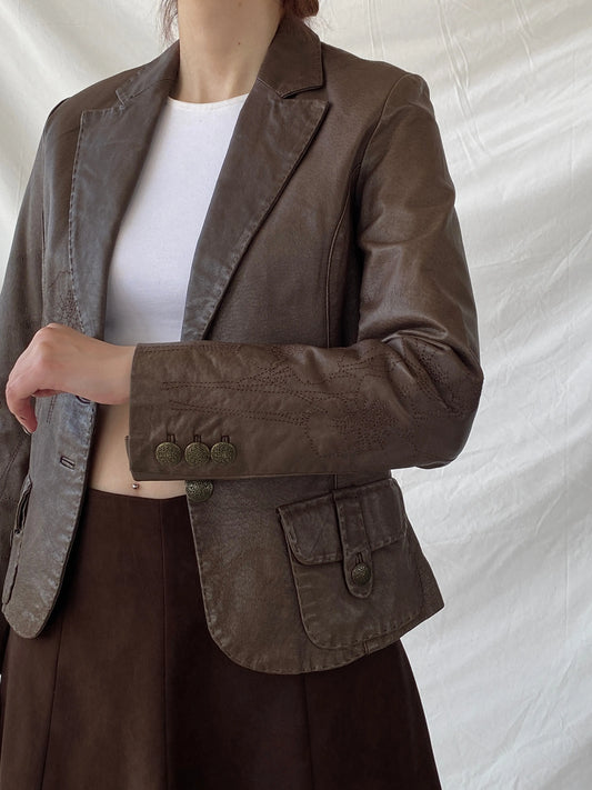 Vintage FRANSA Brown Genuine Leather Floral Embroidered Women’s Blazer Jacket - M - Balagan Vintage Leather Jacket 00s, Ayah, brown leather, Coats&Jackets, genuine leather, genuine leather jacket, leather, leather jacket, winter, Women's Blazers, Women's Leather Jackets