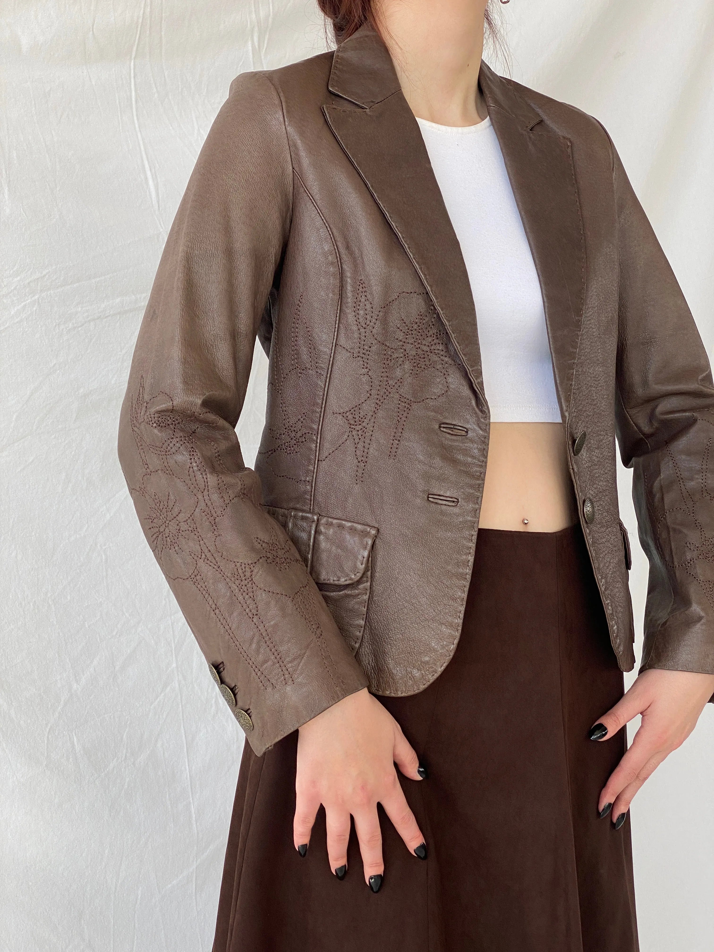 Vintage FRANSA Brown Genuine Leather Floral Embroidered Women’s Blazer Jacket - M - Balagan Vintage Leather Jacket 00s, Ayah, brown leather, genuine leather, genuine leather jacket, leather, leather jacket, NEW IN, winter