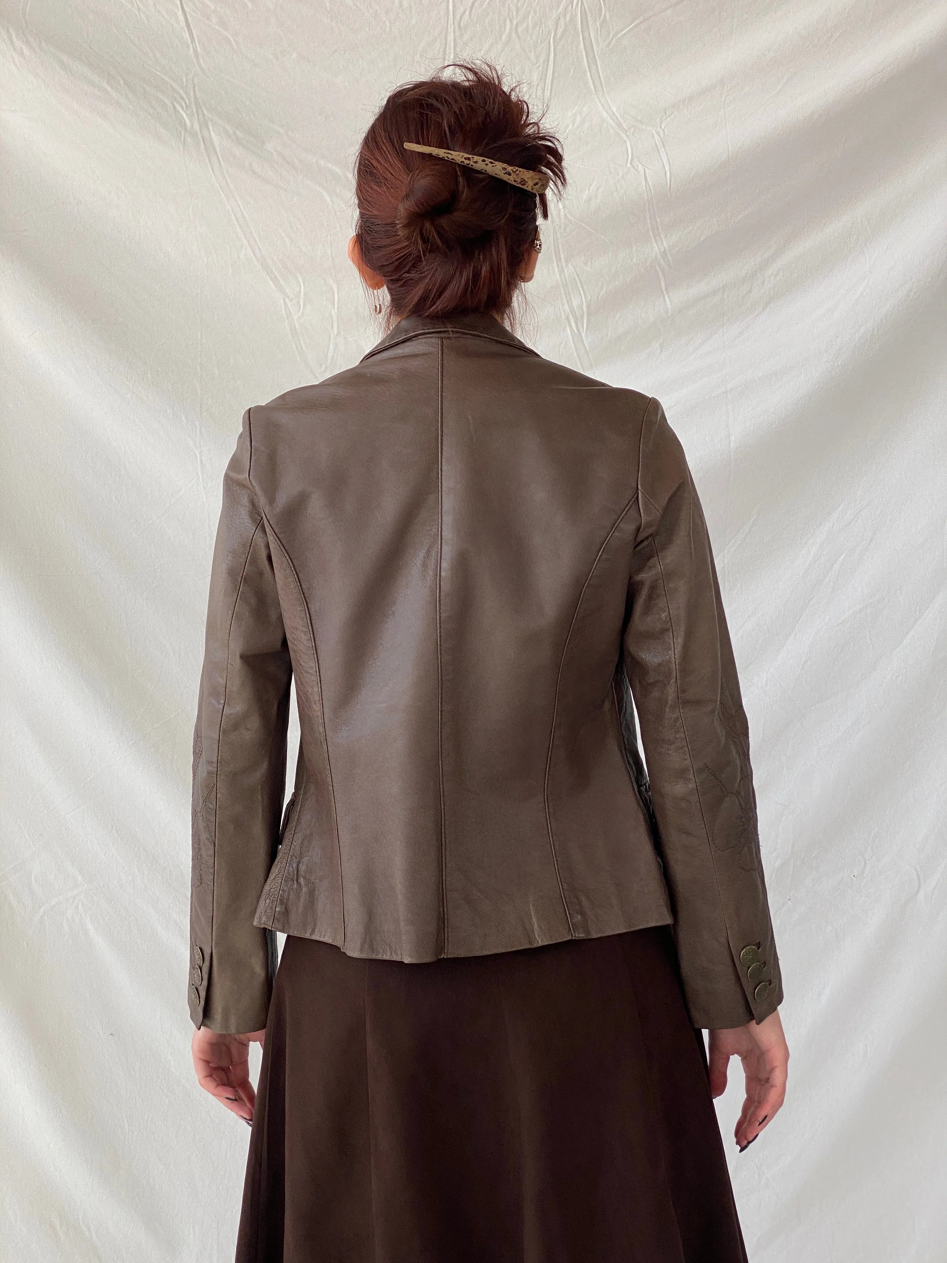 Vintage FRANSA Brown Genuine Leather Floral Embroidered Women’s Blazer Jacket - M - Balagan Vintage Leather Jacket 00s, Ayah, brown leather, genuine leather, genuine leather jacket, leather, leather jacket, NEW IN, winter