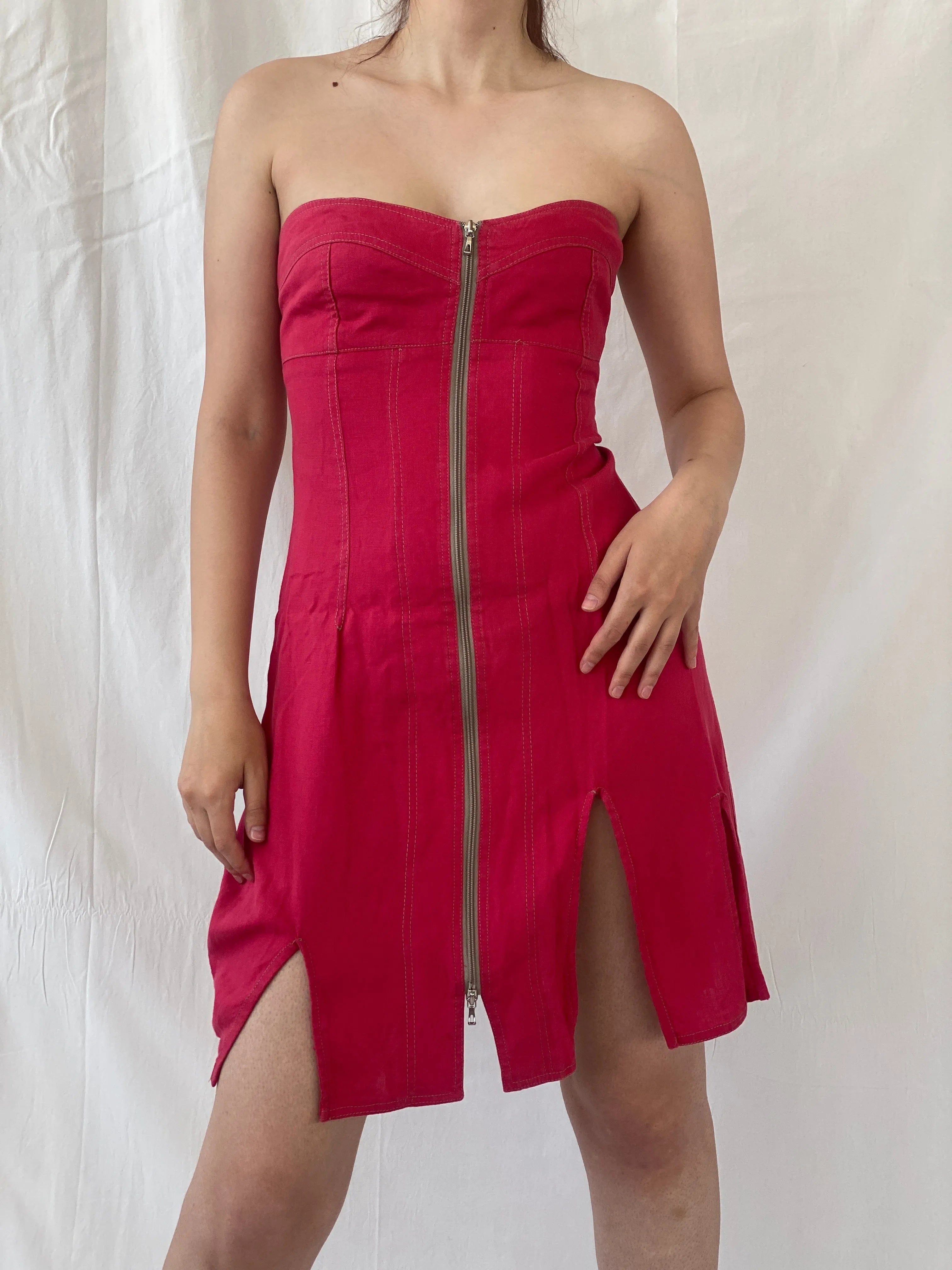 Vintage French Archival Femmes Je Vous Red Zip Up Bodycon Mini Linen Dress - S - Balagan Vintage Mini Dress Ayah, dress, linen, Mini Dress, summer dress