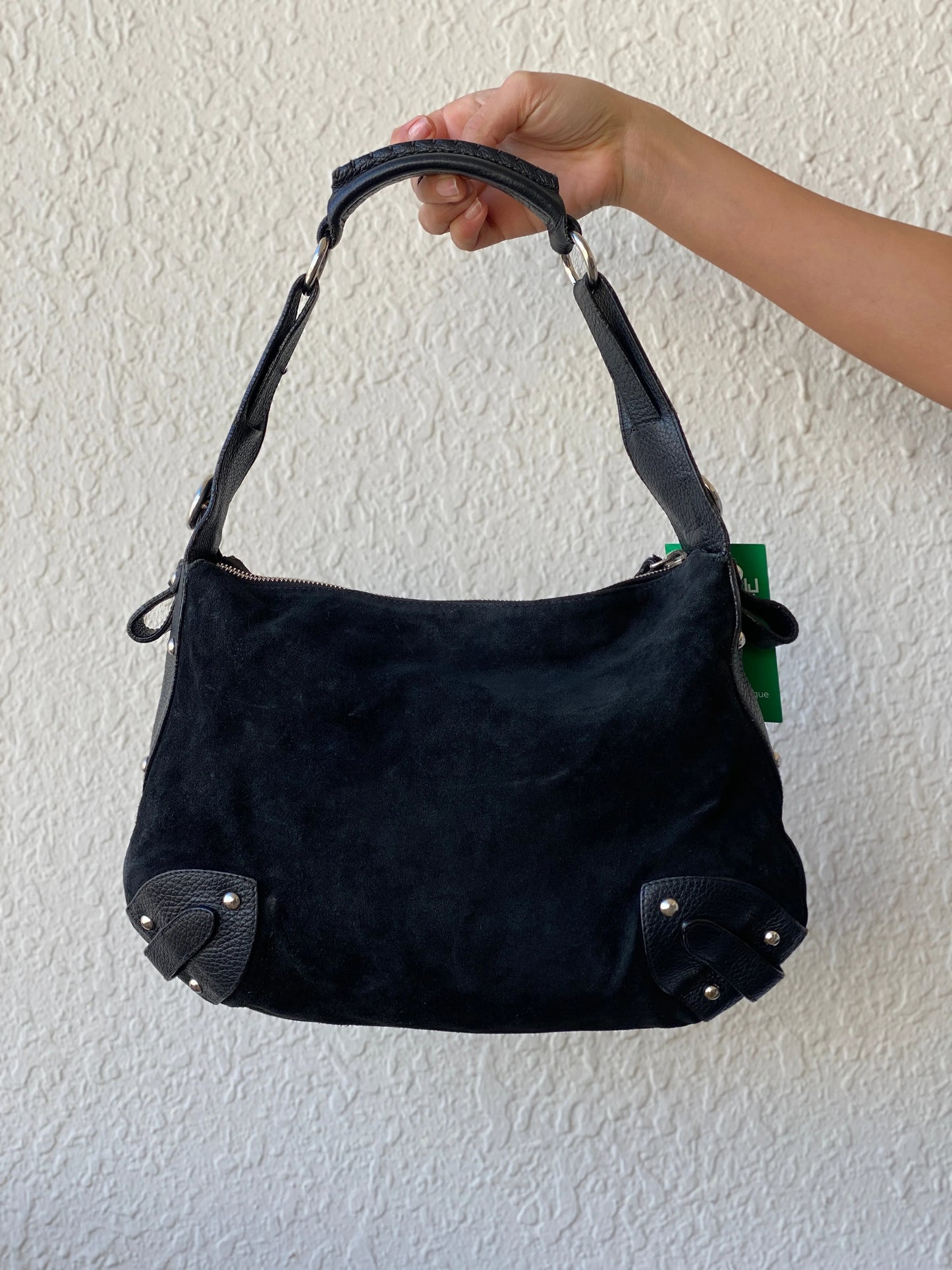 Vintage FURLA Genuine Suede Patent Leather Black Hobo Shoulder Bag - Balagan Vintage Shoulder Bag 90s, bag, embellished bag, handbag, shoulder bag, vintage bags