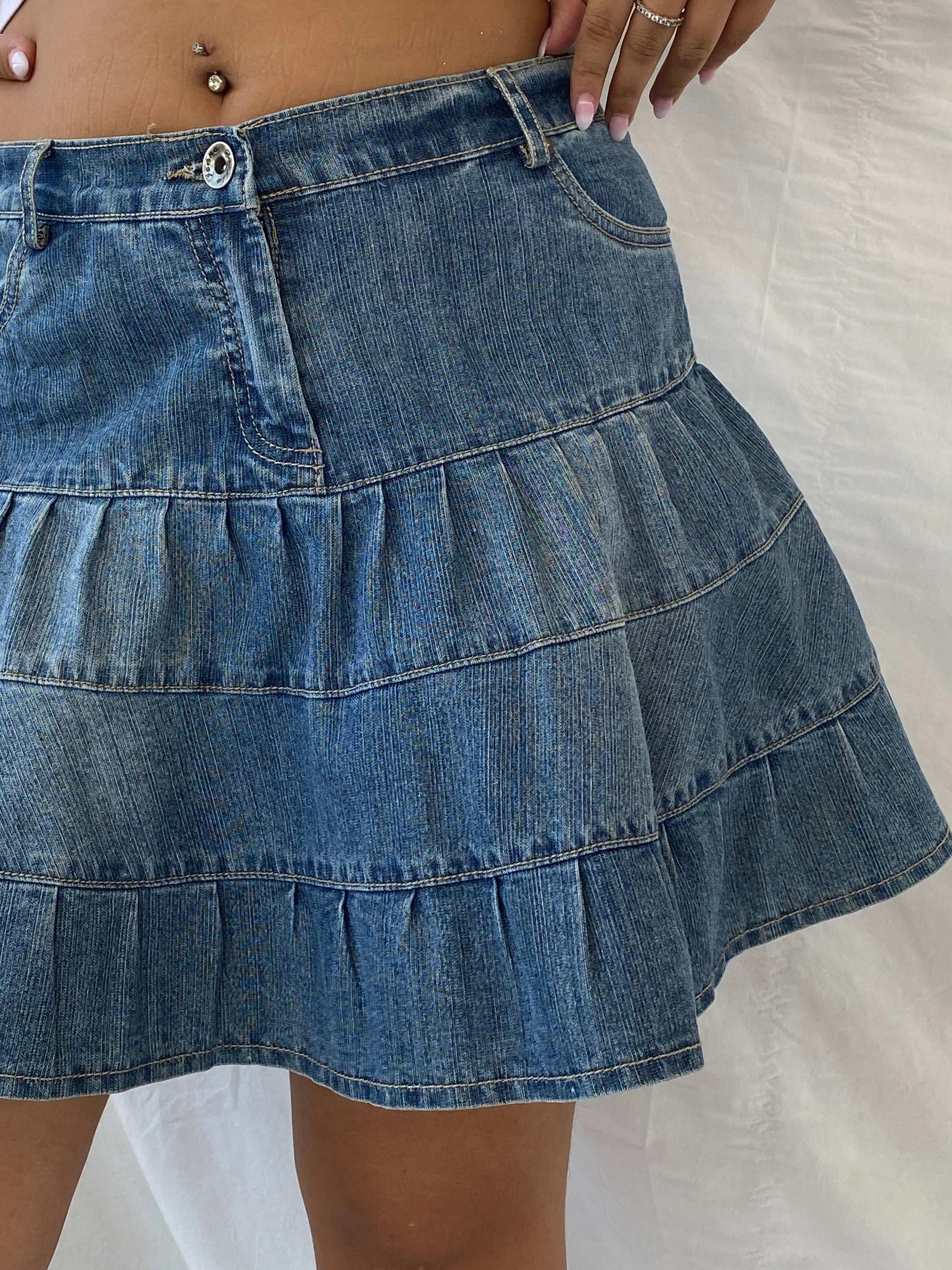 Vintage Fuxxia Tiered Denim Mini Skirt - L - Balagan Vintage Mini Skirt 00s, 90s, denim, denim skirt, Dina