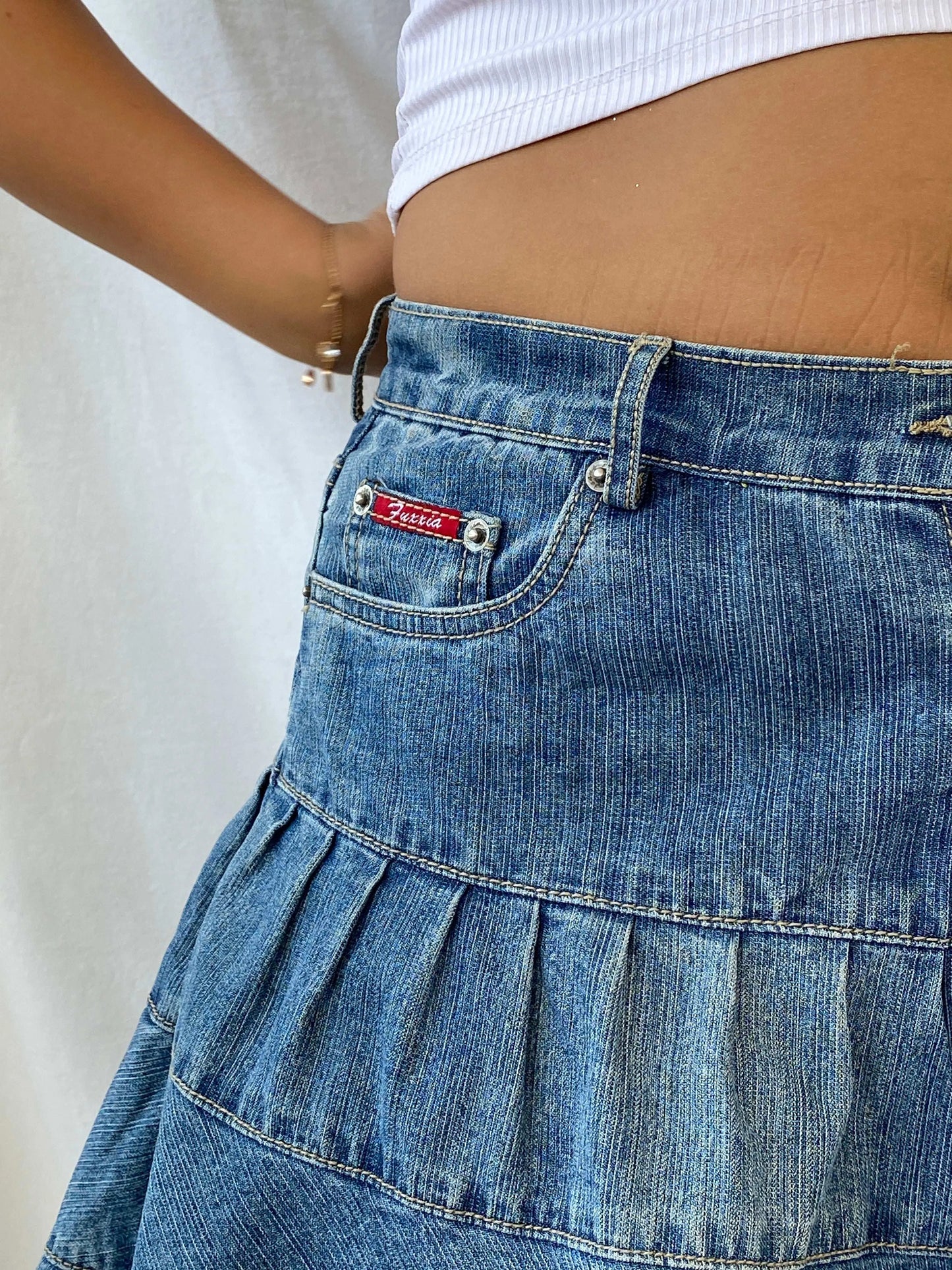 Vintage Fuxxia Tiered Denim Mini Skirt - L - Balagan Vintage Mini Skirt 00s, 90s, denim, denim skirt, Dina