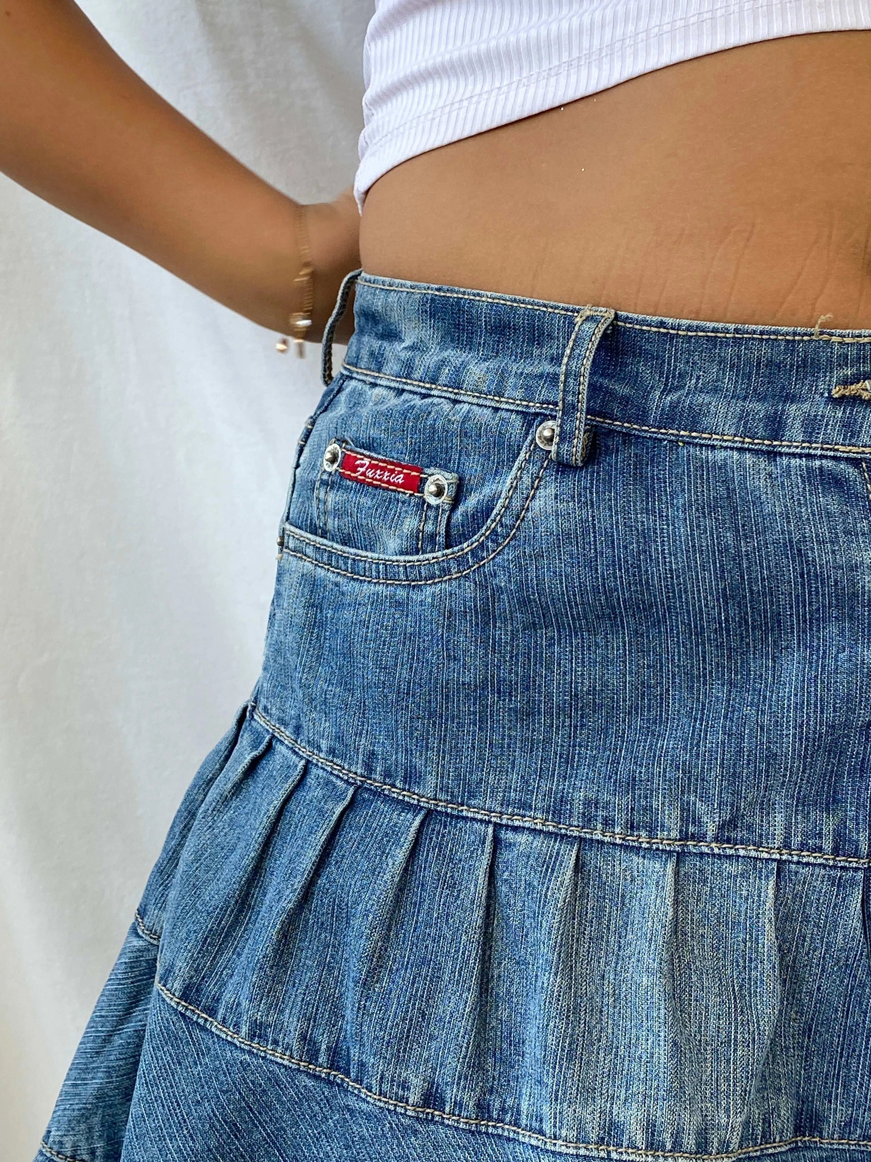 Vintage Fuxxia Tiered Denim Mini Skirt - L - Balagan Vintage Mini Skirt 00s, 90s, denim, denim skirt, Dina