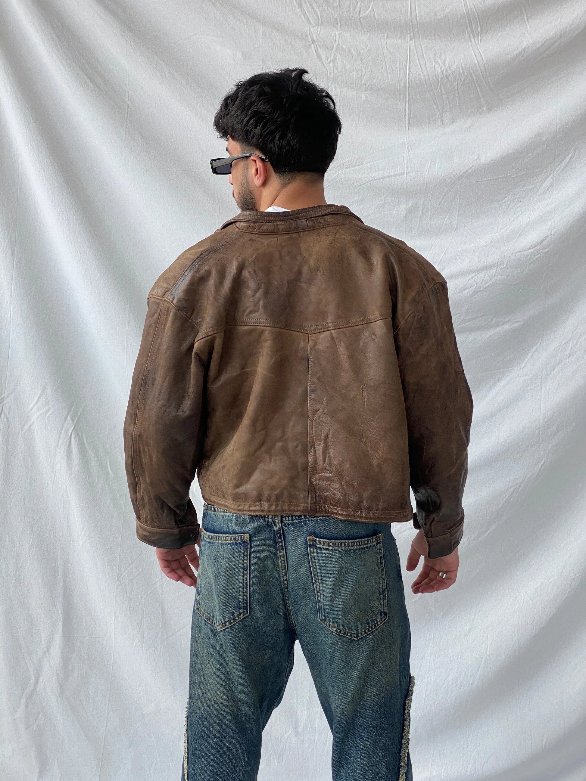 Vintage GELY CUIR Paris Genuine Brown Leather Cropped Heavy Bomber Jacket - S - Balagan Vintage Leather Jacket 90s, blazer, brown leather, full sleeve blazer, genuine leather, genuine leather jacket, Hamza, leather blazer, men blazer, winter