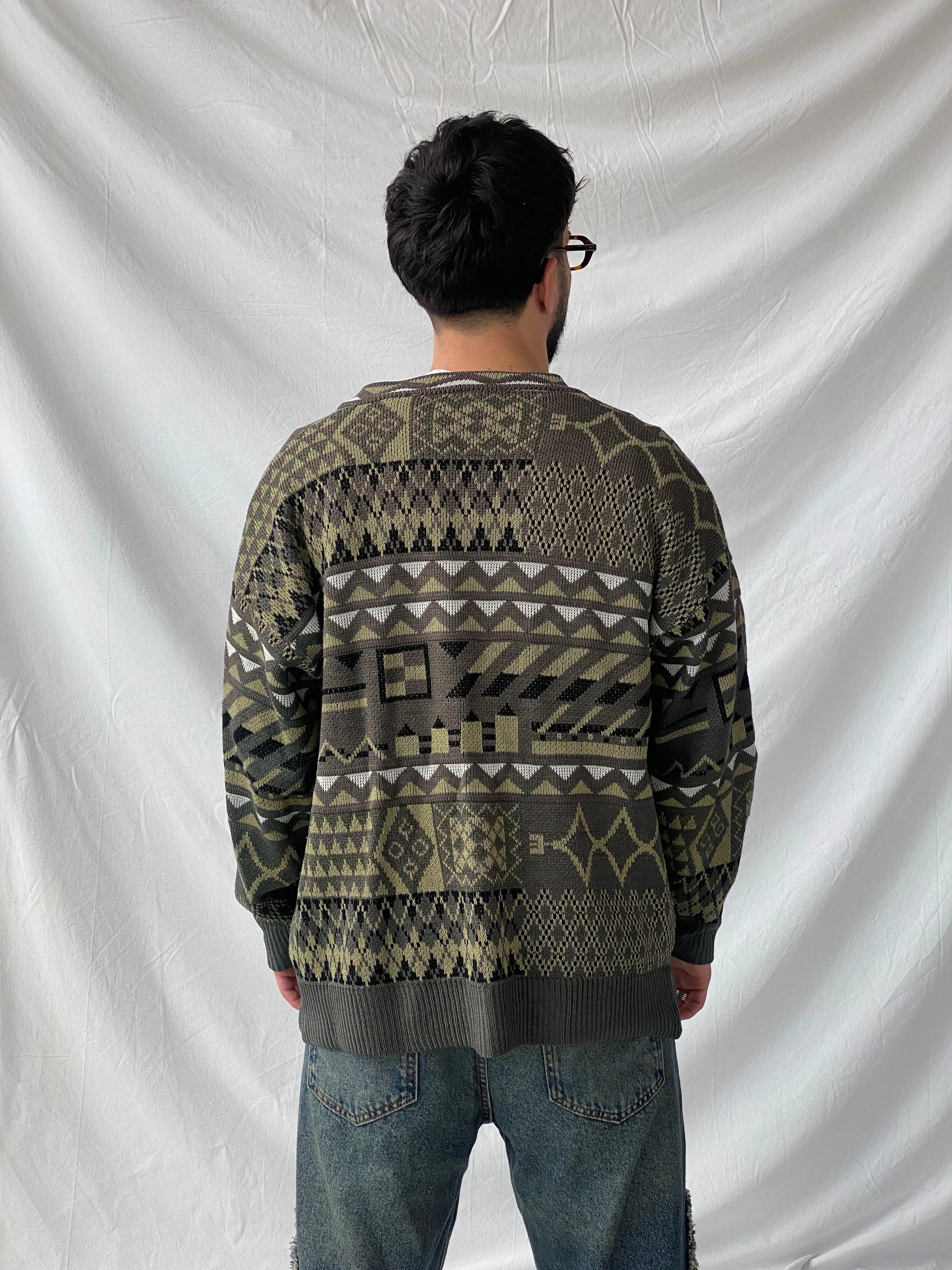 Vintage Geometric Print Men’s Cardigan Sweater - L - Balagan Vintage Sweater 90s, Hamza, knit, knitted cardigan, knitted sweater, men, streetwear, vintage, vintage sweater, winter
