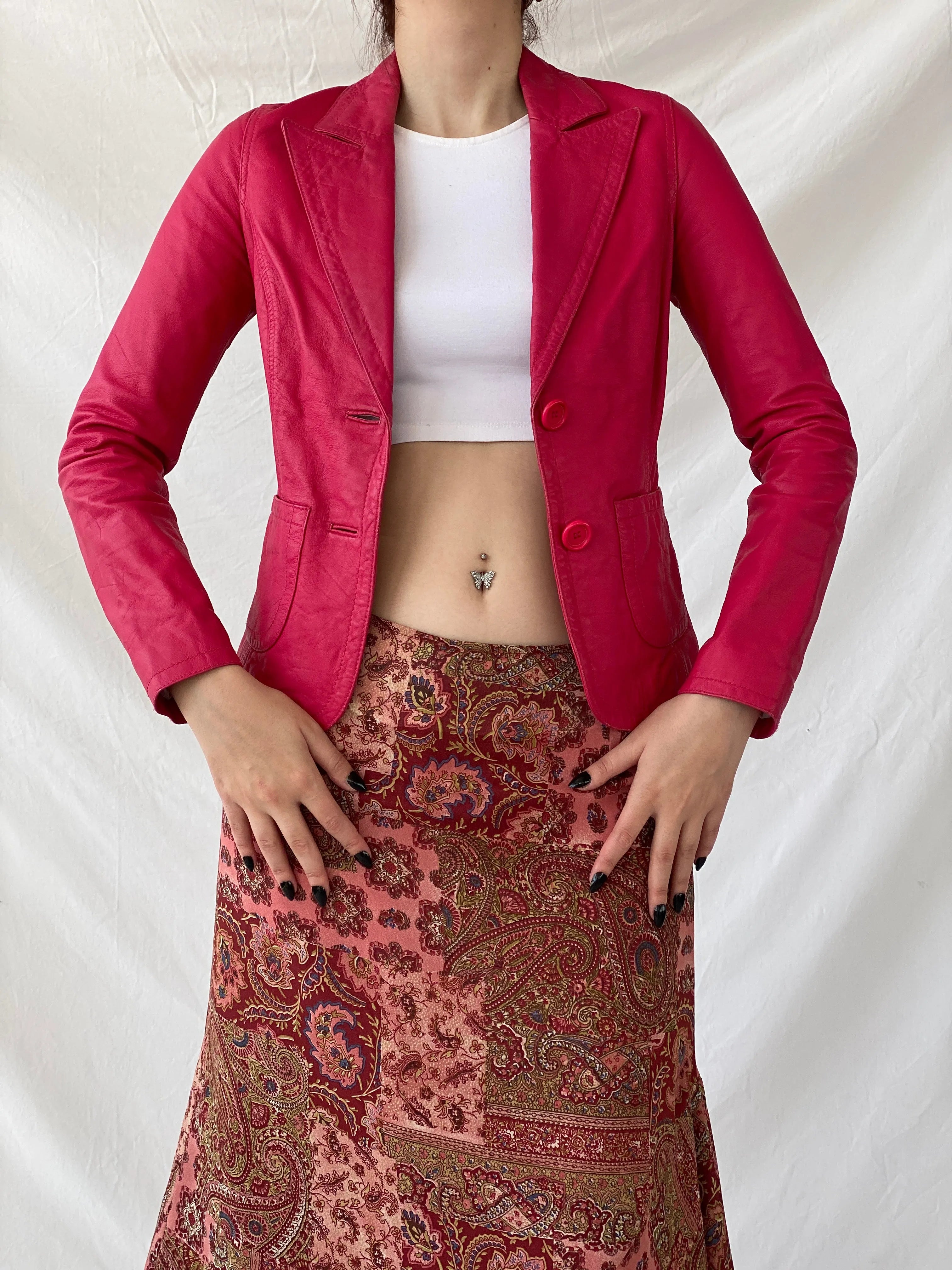 Vintage Gipsy Genuine Leather Pink Women’s Button Front Blazer - XS - Balagan Vintage Leather Jacket Ayah, genuine leather, genuine leather jacket, leather jacket, NEW IN, winter