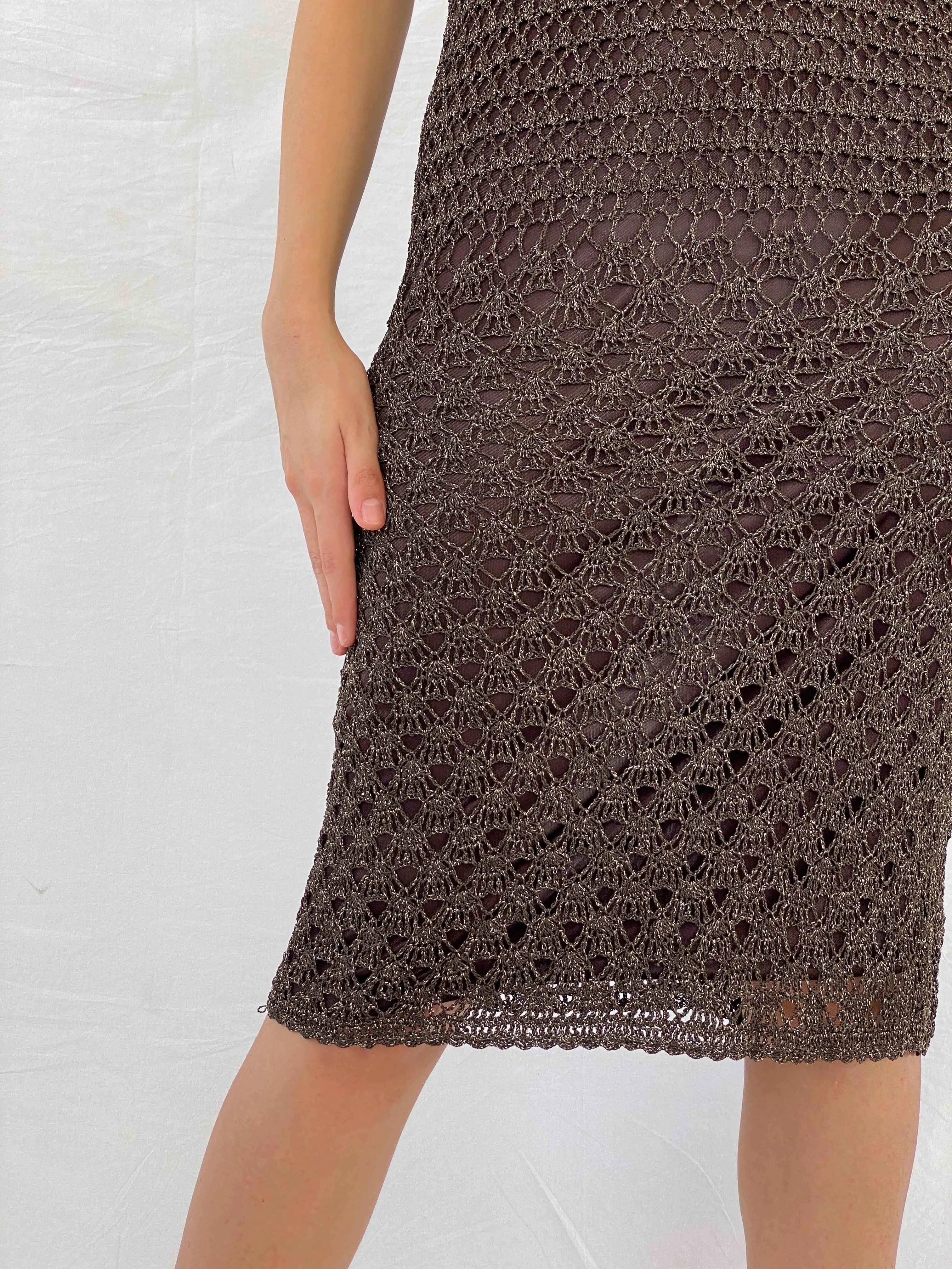 Vintage Glitz By Nexus Crochet Midi Brown&Gold Dress - Balagan Vintage Midi Dress 00s, 90s, crochet, Deals, dress, midi dress, Mira