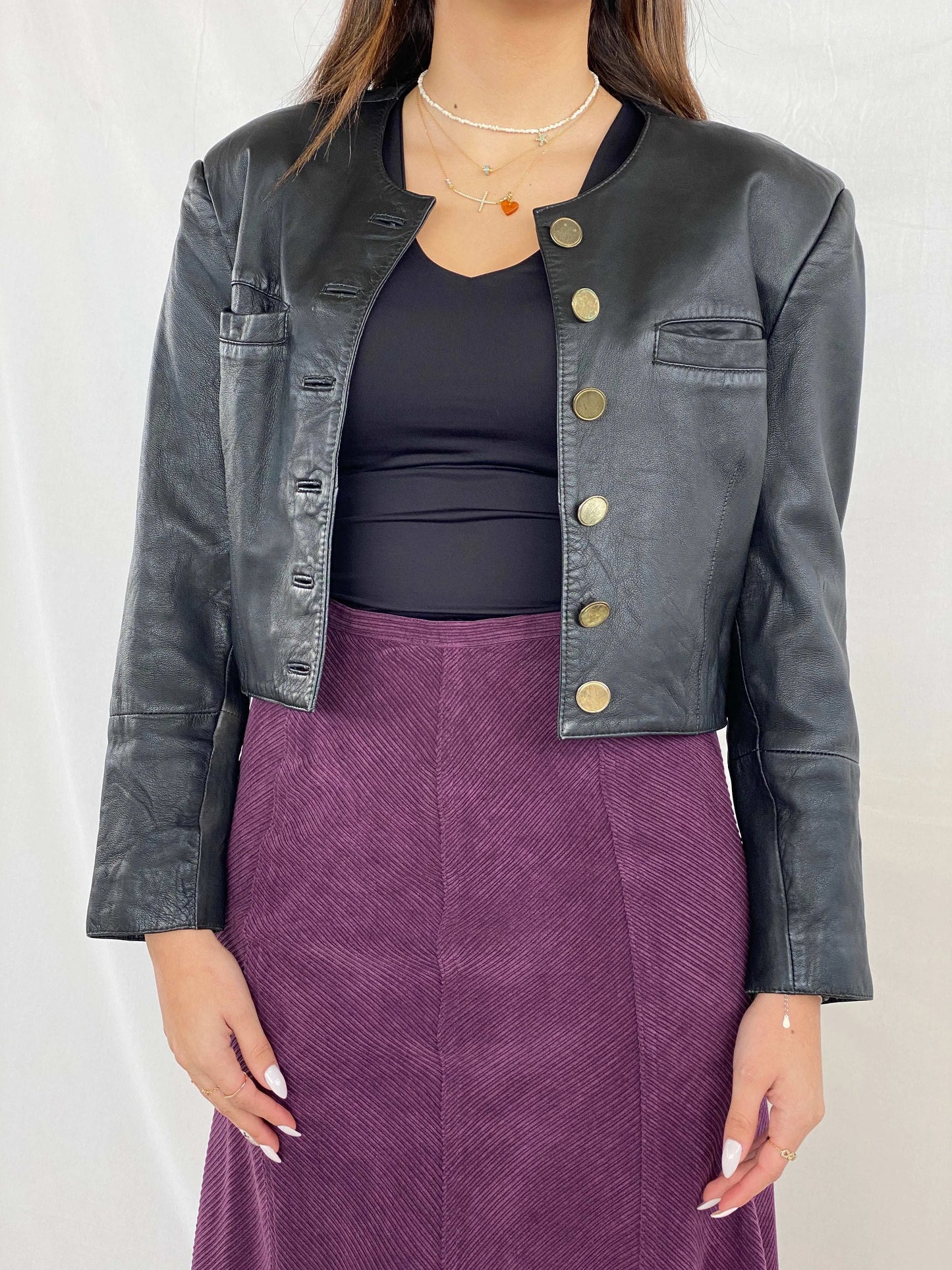 Vintage Gold Buttoned Cropped Genuine Leather Jacket - Balagan Vintage Leather Jacket 90s, Coats&Jackets, Deals, genuine leather jacket, Juana, leather jacket, Women's Leather Jackets
