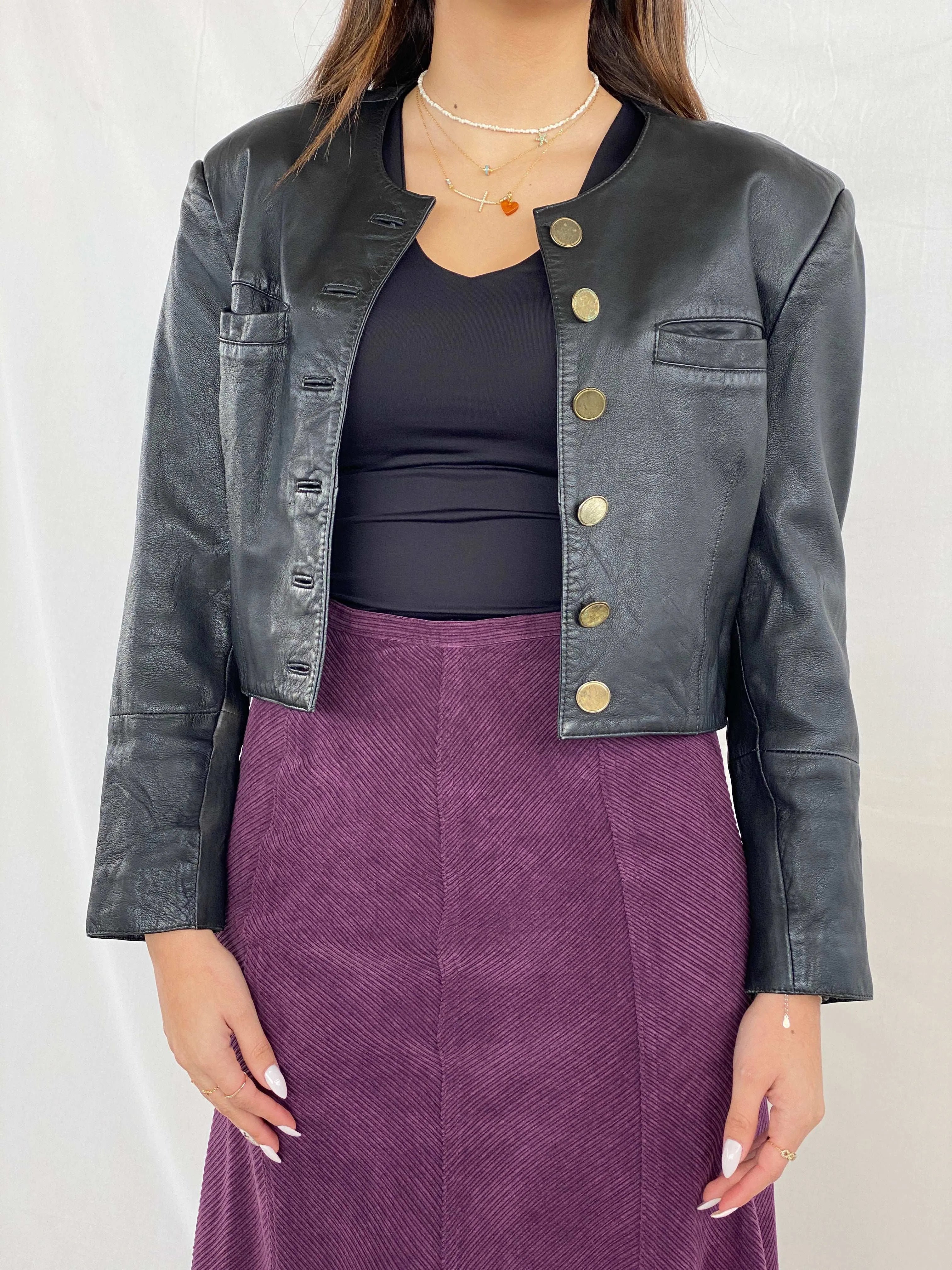 Vintage Gold Buttoned Cropped Genuine Leather Jacket - Balagan Vintage Leather Jacket 90s, Coats&Jackets, Deals, genuine leather jacket, Juana, leather jacket, Women's Leather Jackets