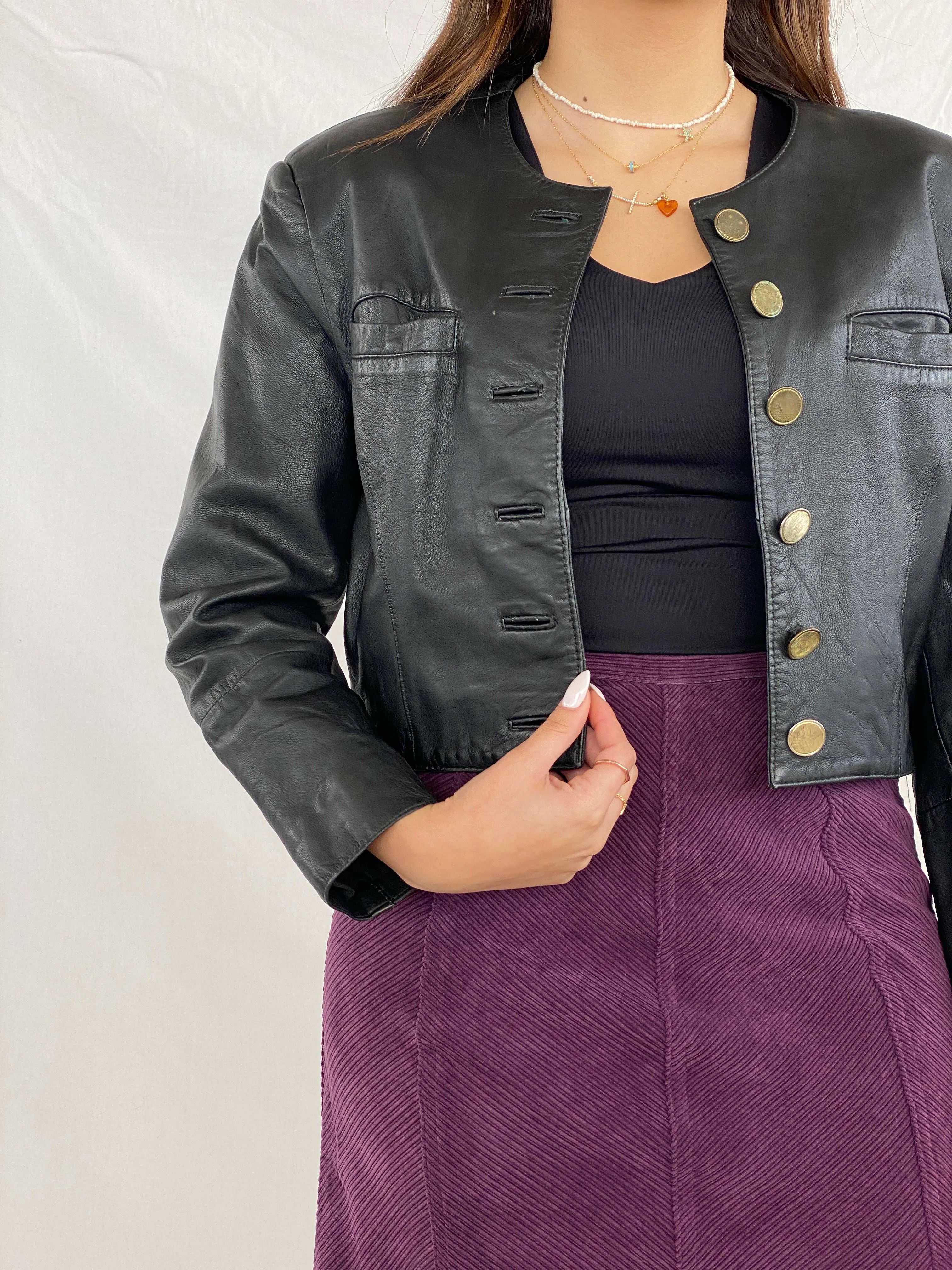 Vintage Gold Buttoned Cropped Genuine Leather Jacket - Balagan Vintage Leather Jacket 90s, Coats&Jackets, Deals, genuine leather jacket, Juana, leather jacket, Women's Leather Jackets