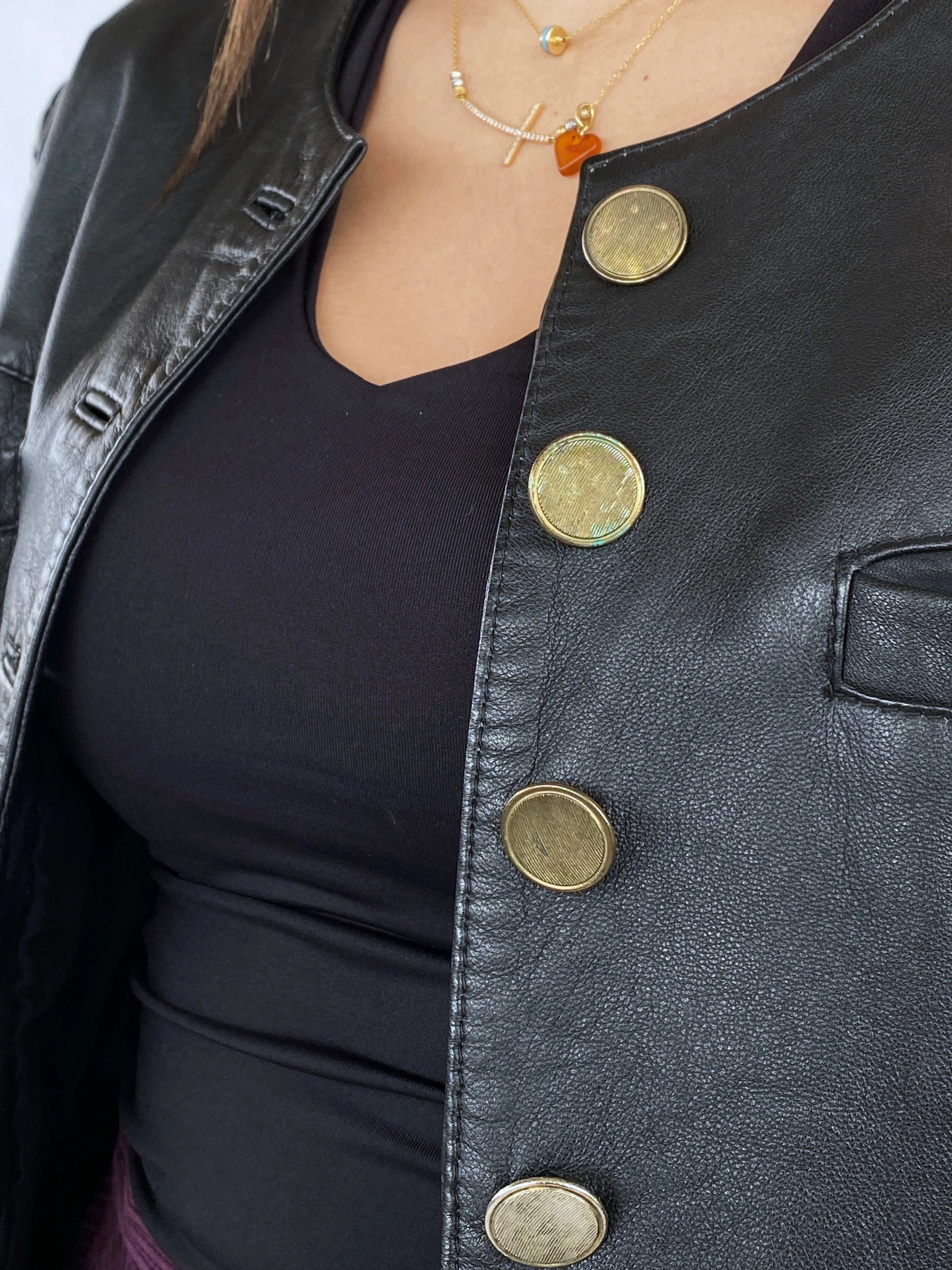 Vintage Gold Buttoned Cropped Genuine Leather Jacket - Balagan Vintage Leather Jacket 90s, Coats&Jackets, Deals, genuine leather jacket, Juana, leather jacket, Women's Leather Jackets