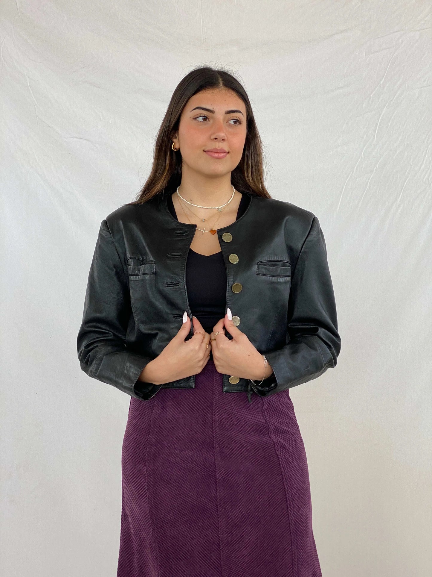 Vintage Gold Buttoned Cropped Genuine Leather Jacket - Balagan Vintage Leather Jacket 90s, Coats&Jackets, Deals, genuine leather jacket, Juana, leather jacket, Women's Leather Jackets