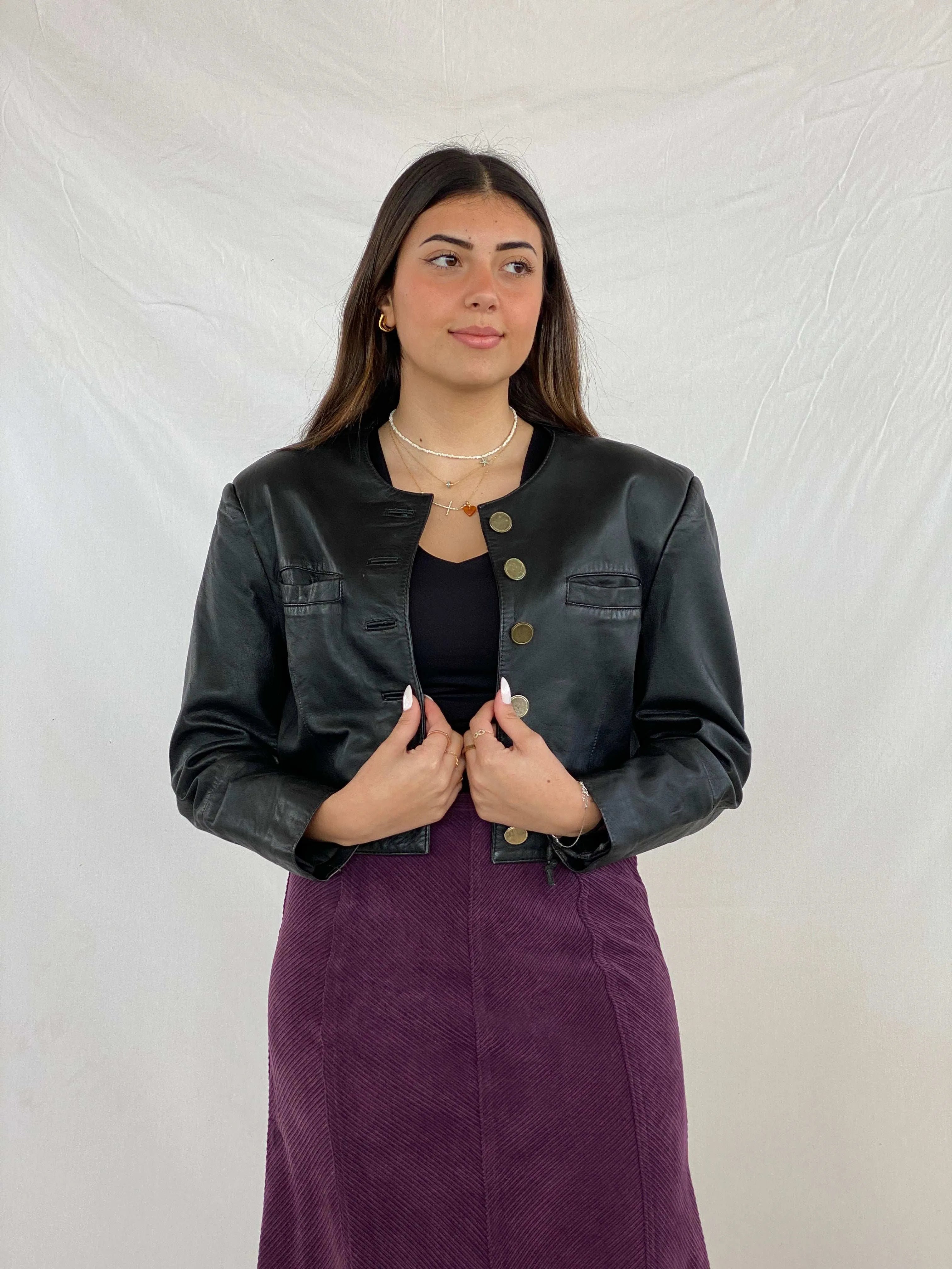 Vintage Gold Buttoned Cropped Genuine Leather Jacket - Balagan Vintage Leather Jacket 90s, Coats&Jackets, Deals, genuine leather jacket, Juana, leather jacket, Women's Leather Jackets