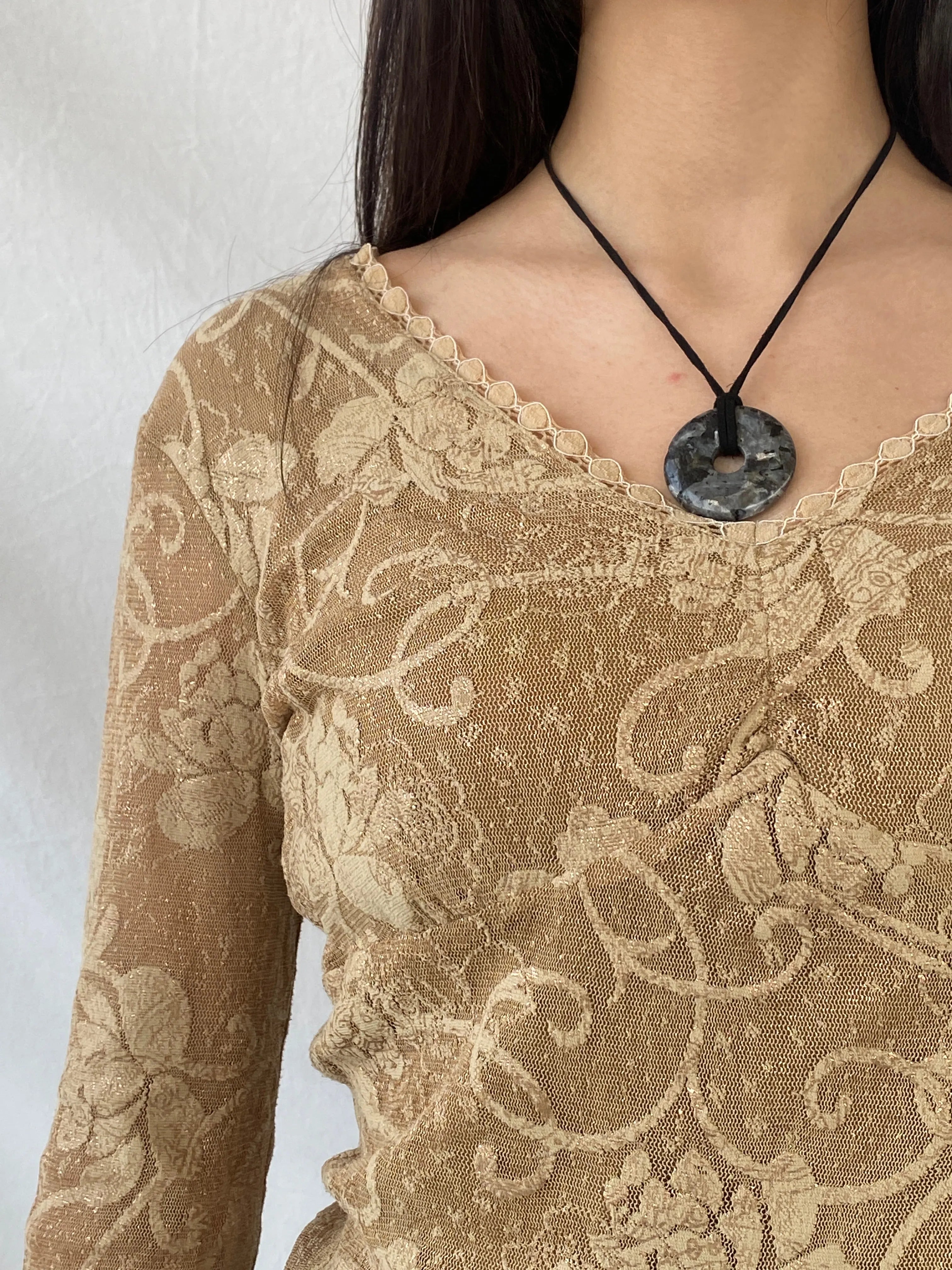 Vintage Gold Lace Women’s Long Sleeve Sheer Back Mesh Top - M - Balagan Vintage Full Sleeve Shirt 00s, consignment, Danadabbas, floral top, full sleeve shirt, NEW IN, Syntia, women top