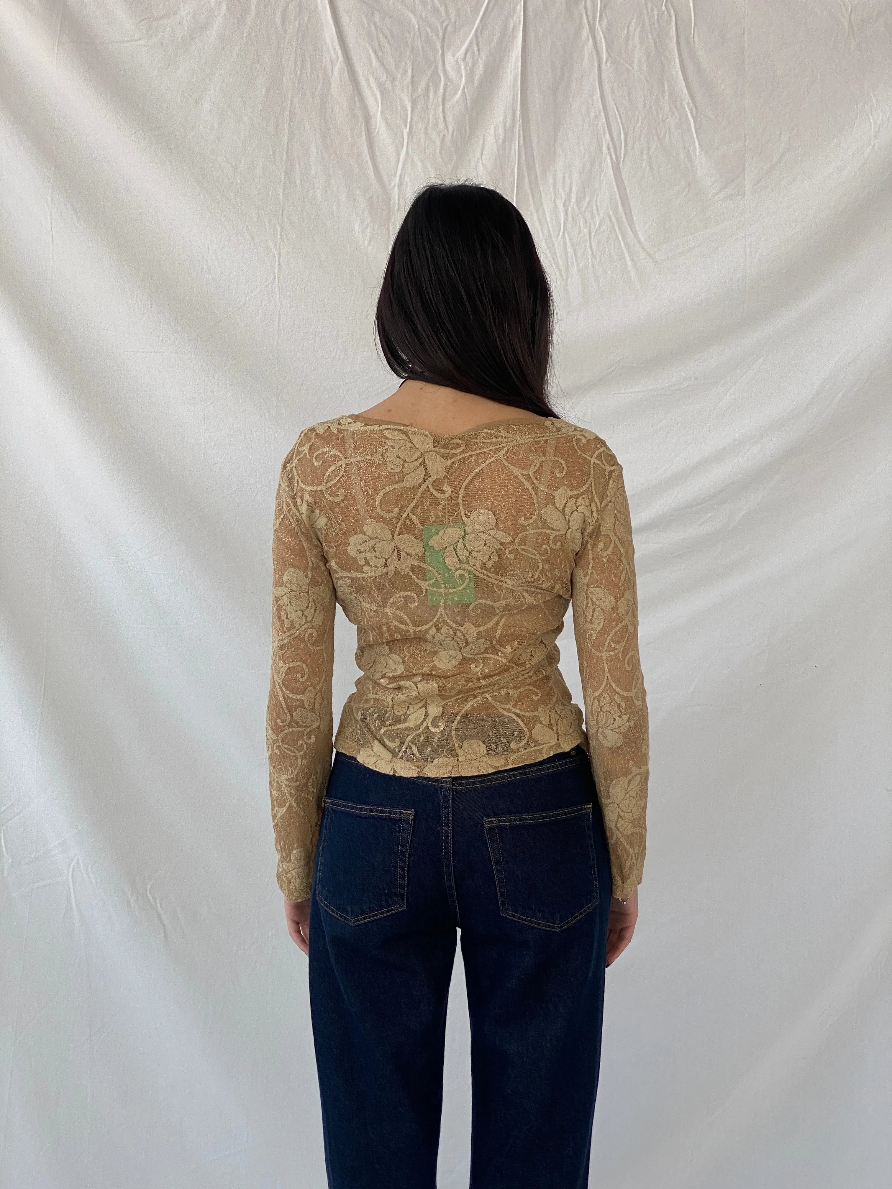 Vintage Gold Lace Women’s Long Sleeve Sheer Back Mesh Top - M - Balagan Vintage Full Sleeve Shirt 00s, consignment, Danadabbas, floral top, full sleeve shirt, NEW IN, Syntia, women top