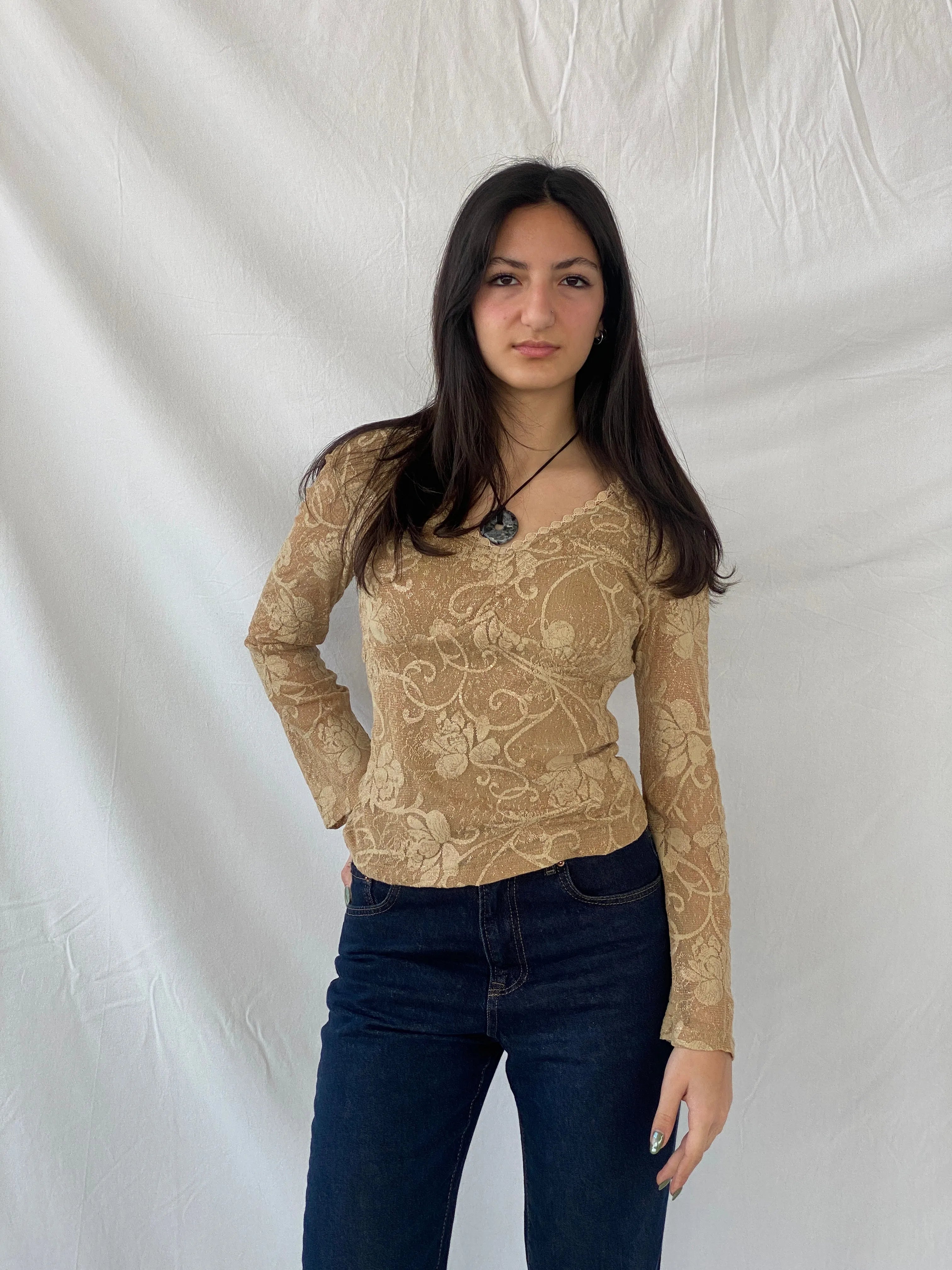 Vintage Gold Lace Women’s Long Sleeve Sheer Back Mesh Top - M - Balagan Vintage Full Sleeve Shirt 00s, consignment, Danadabbas, floral top, full sleeve shirt, NEW IN, Syntia, women top