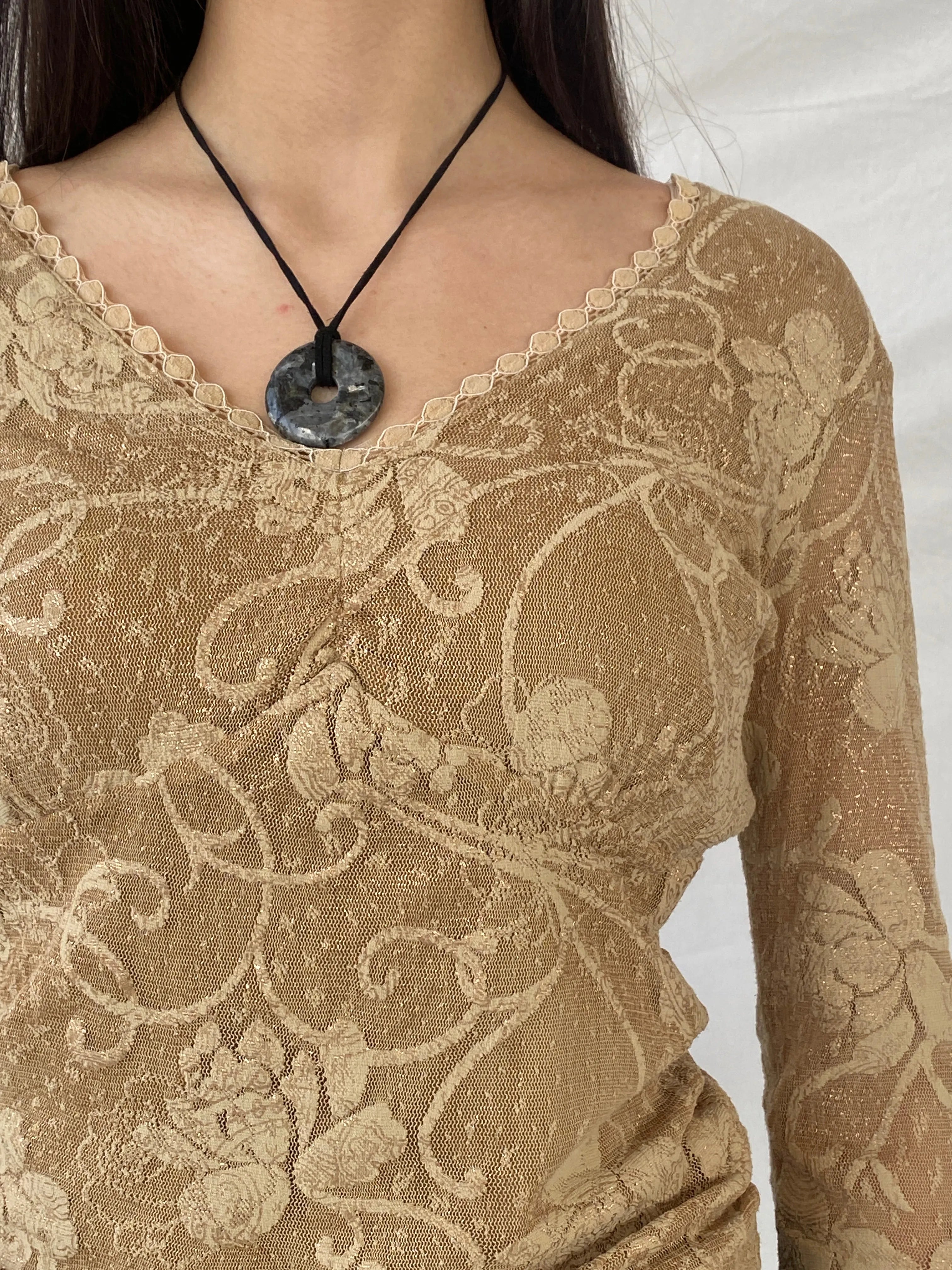 Vintage Gold Lace Women’s Long Sleeve Sheer Back Mesh Top - M - Balagan Vintage Full Sleeve Shirt 00s, consignment, Danadabbas, floral top, full sleeve shirt, NEW IN, Syntia, women top