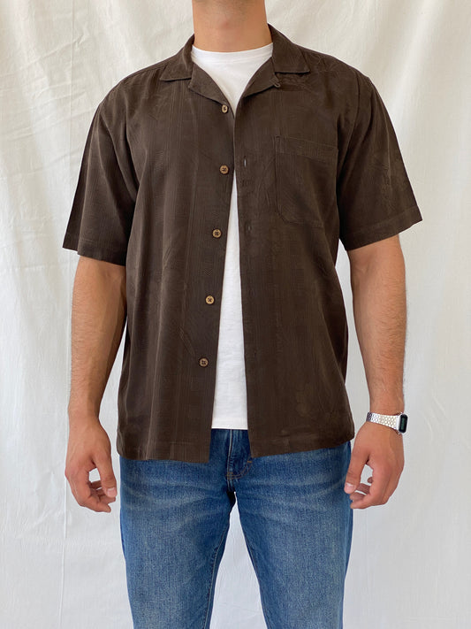 Vintage Gold Tri-Mountain Brown Half Sleeve Button Up Pure Silk Men’s Shirt - M - Balagan Vintage Half Sleeve Shirt 90s, half sleeve shirt, Hawaiian shirt, mens shirt, printed shirt, Ramez, silk