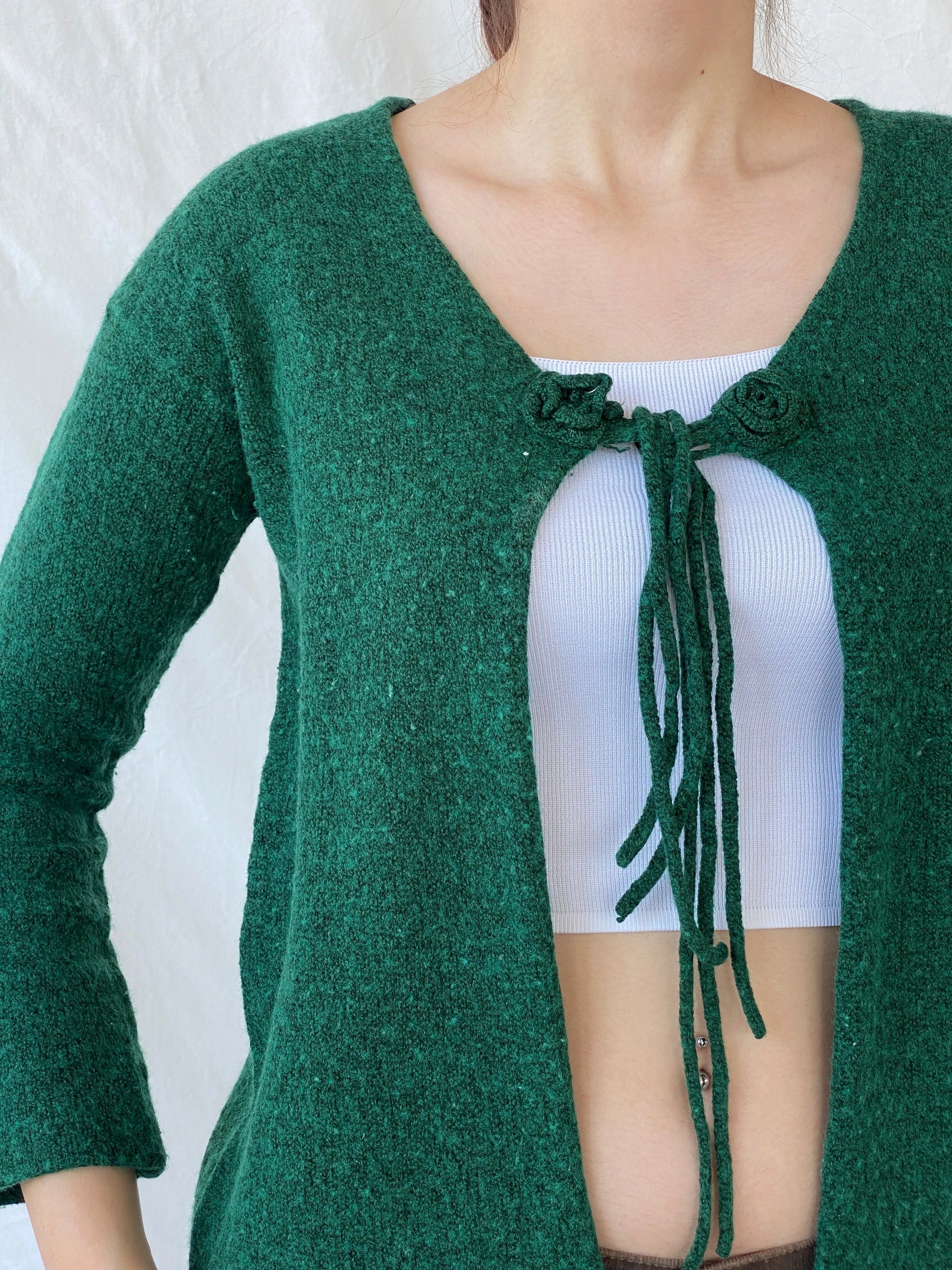 Vintage Green Knitted Women’s Wool Blend Front Tie Cardigan - L - Balagan Vintage Cardigan 00s, Ayah, cardigan, crochet, women top