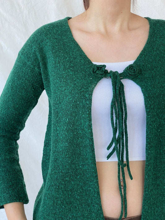 Vintage Green Knitted Women’s Wool Blend Front Tie Cardigan - L - Balagan Vintage Cardigan 00s, Ayah, cardigan, crochet, women top
