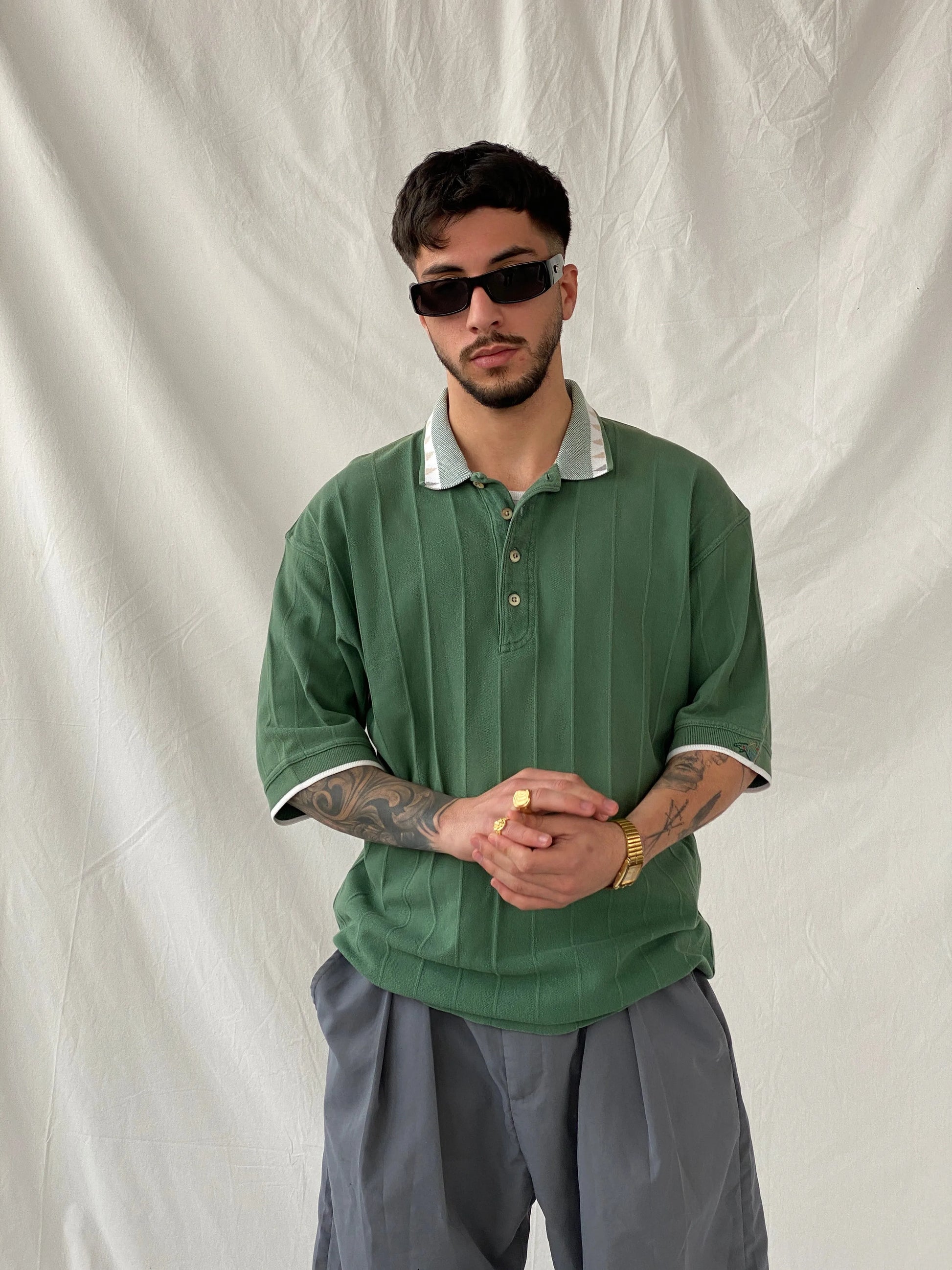 Vintage Greg Norman Collection Men’s Green Polo Neck Golf Shirt - L - Balagan Vintage Half Sleeve Top 90s, consignment, Hamza, Melika, men top, striped, striped shirt, winter