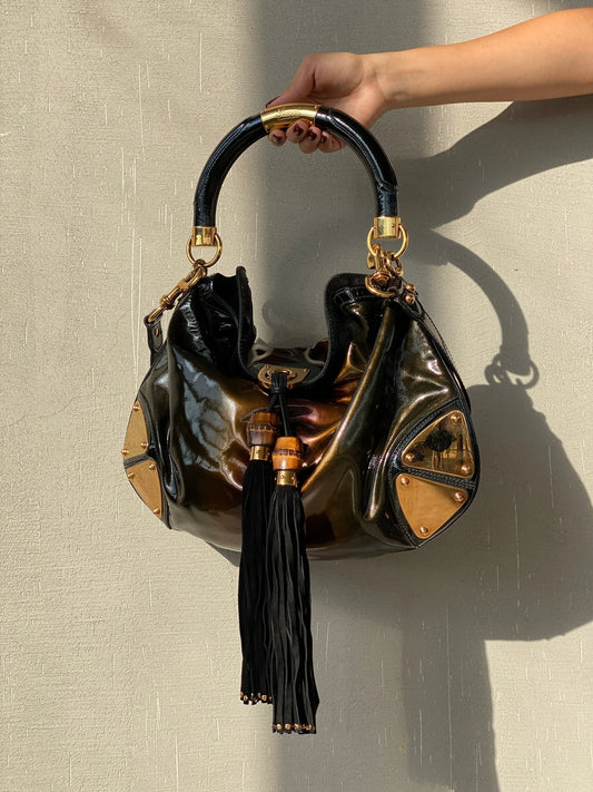 Vintage Gucci Indy Bamboo Patent Leather Black Bronze Satchel Bag - Balagan Vintage Handbags 90s, consignment, Deals, Gucci, rare find, rare vintage, Sadouf
