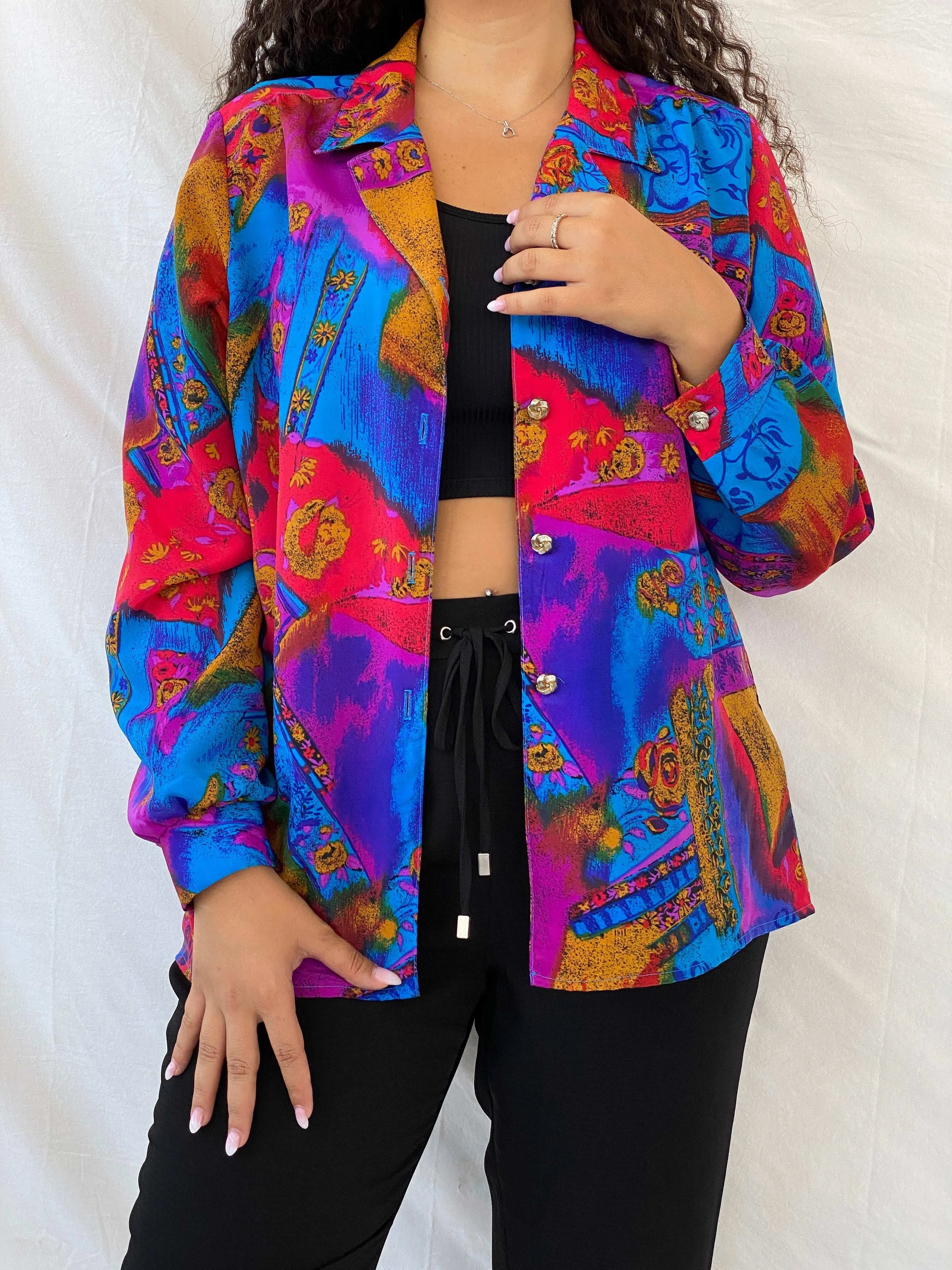 Vintage GW Division of Graff Gold Buttoned Multi-Color Shirt - L - Balagan Vintage Full Sleeve Shirt 00s, 90s, Deals, Dina, floral, floral shirt, full sleeve shirt, multicolored, oversized, oversized shirt, printed shirt, women shirt