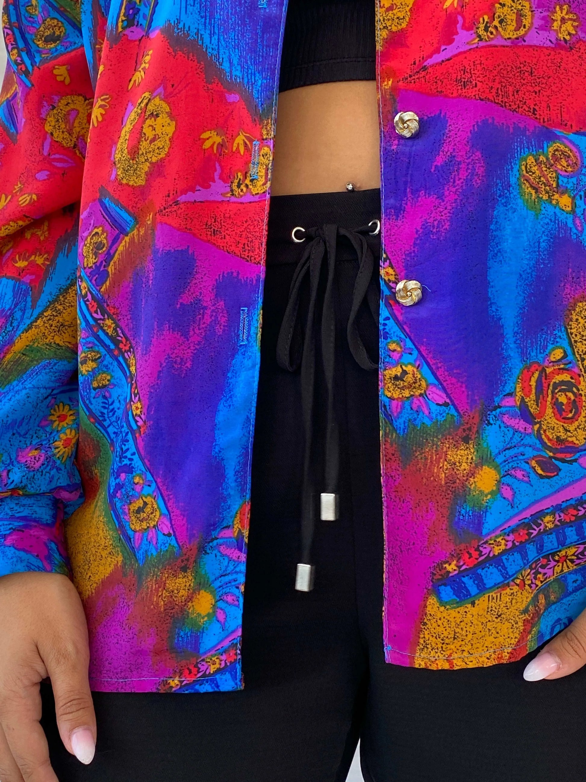 Vintage GW Division of Graff Gold Buttoned Multi-Color Shirt - L - Balagan Vintage Full Sleeve Shirt 00s, 90s, Deals, Dina, floral, floral shirt, full sleeve shirt, multicolored, oversized, oversized shirt, printed shirt, women shirt