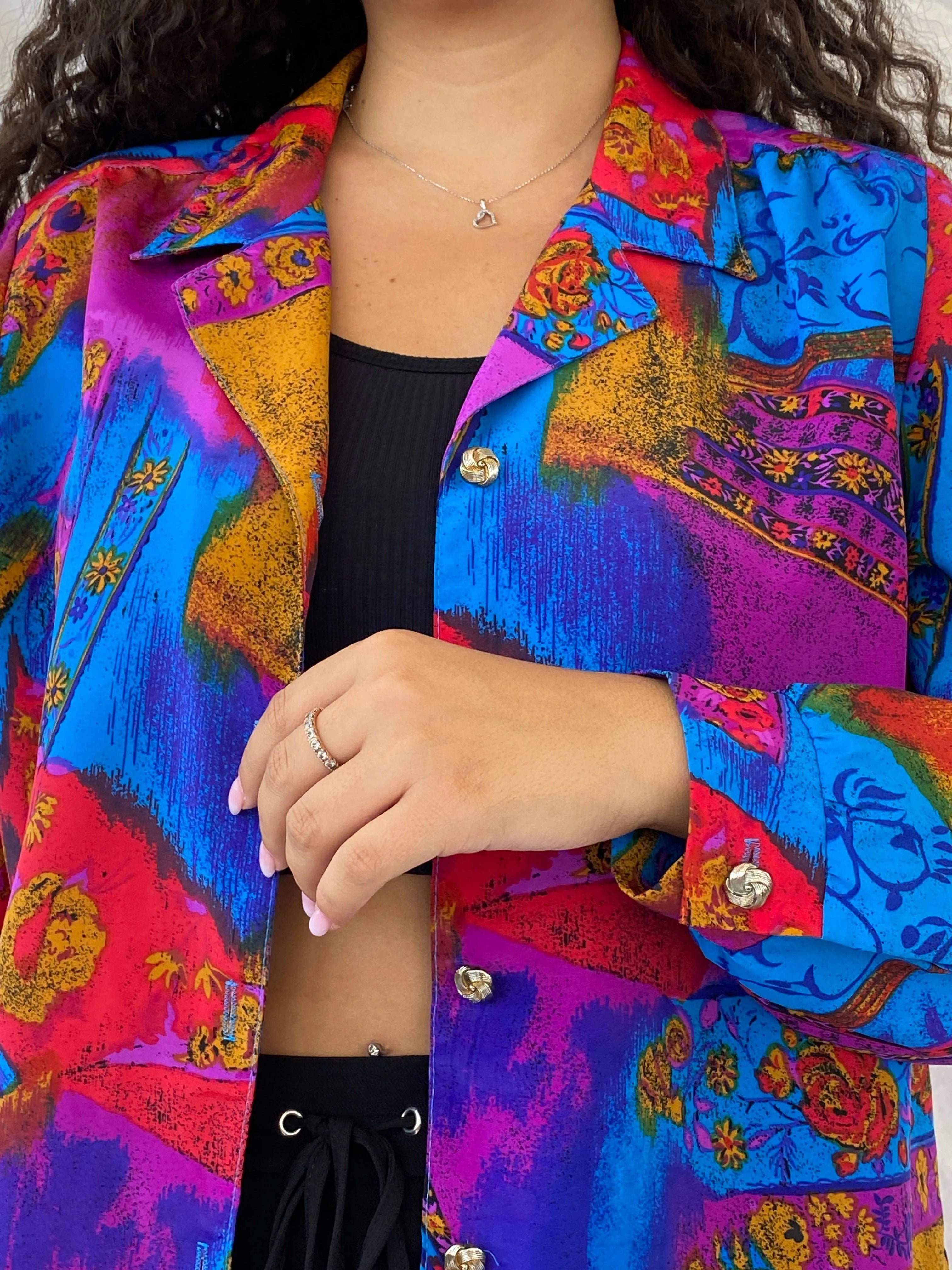 Vintage GW Division of Graff Gold Buttoned Multi-Color Shirt - L - Balagan Vintage Full Sleeve Shirt 00s, 90s, Deals, Dina, floral, floral shirt, full sleeve shirt, multicolored, oversized, oversized shirt, printed shirt, women shirt