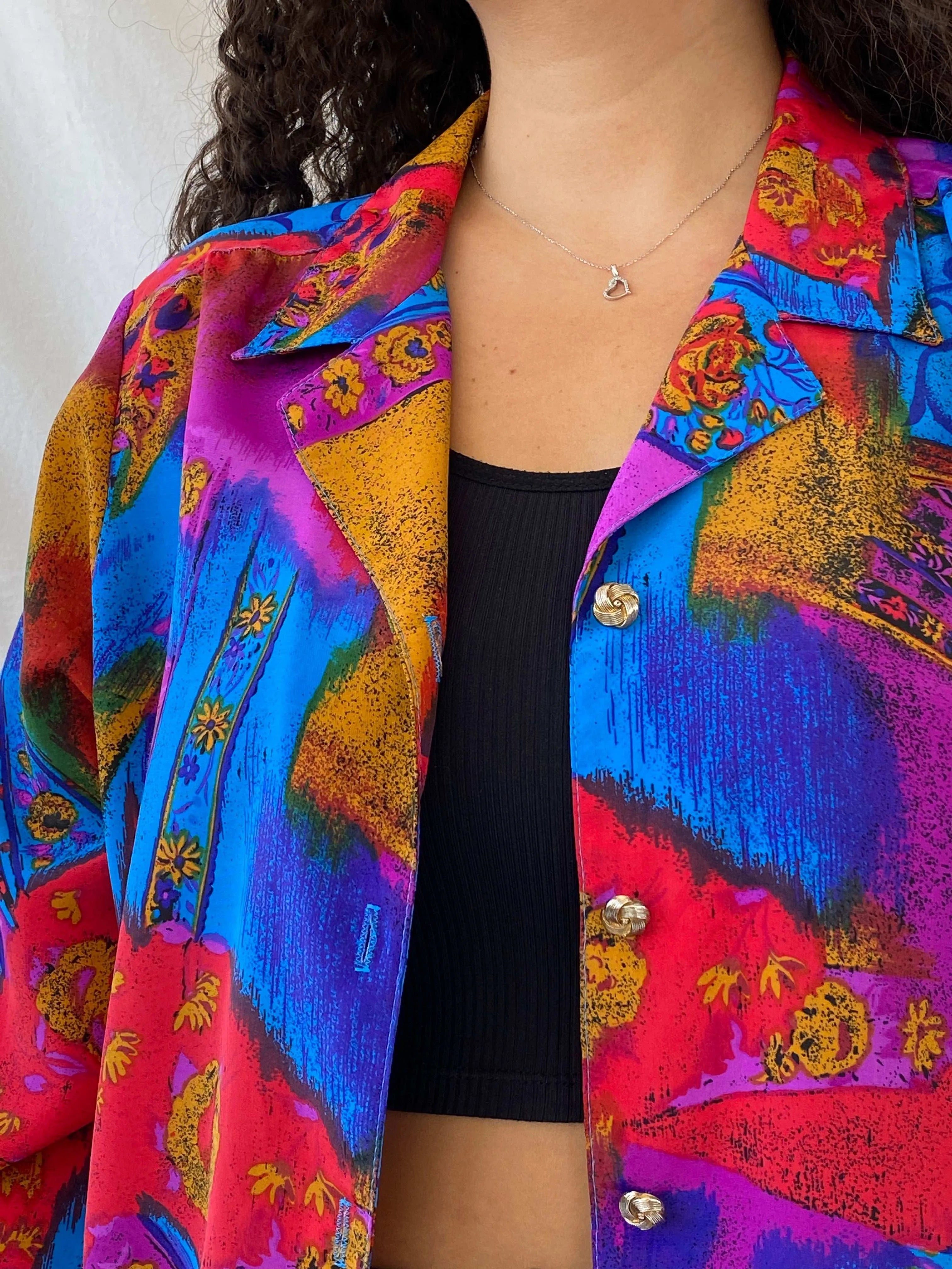 Vintage GW Division of Graff Gold Buttoned Multi-Color Shirt - L - Balagan Vintage Full Sleeve Shirt 00s, 90s, Deals, Dina, floral, floral shirt, full sleeve shirt, multicolored, oversized, oversized shirt, printed shirt, women shirt