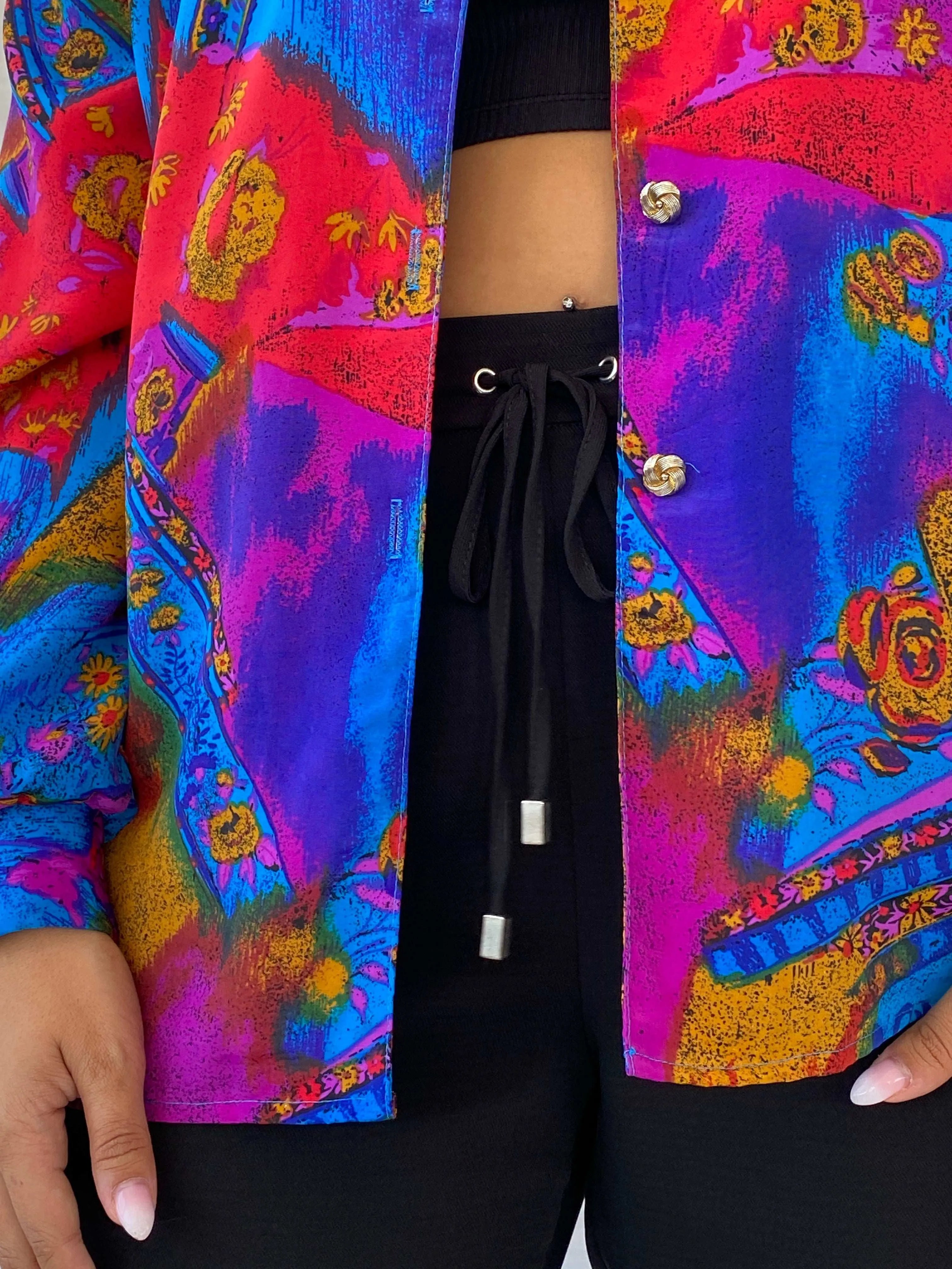 Vintage GW Division of Graff Gold Buttoned Multi-Color Shirt - L - Balagan Vintage Full Sleeve Shirt 00s, 90s, Deals, Dina, floral, floral shirt, full sleeve shirt, multicolored, oversized, oversized shirt, printed shirt, women shirt