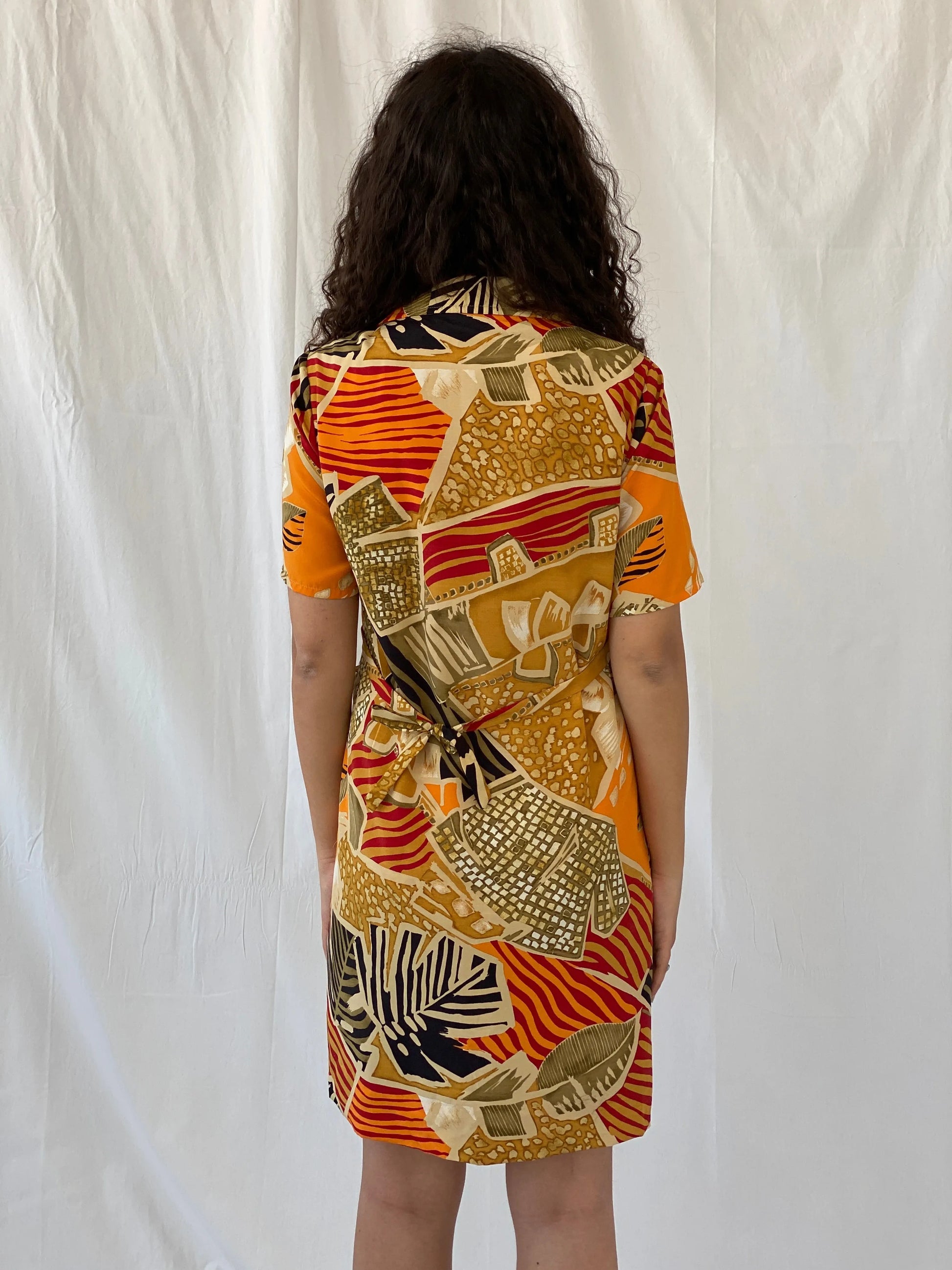 Vintage Handmade Abstract Hawaiian Button Up Knee Length Orange Yellow Dress - M - Balagan Vintage Midi Dress 00s, 00s dress, Celine, dress, floral dress, midi dress, Y2K dress