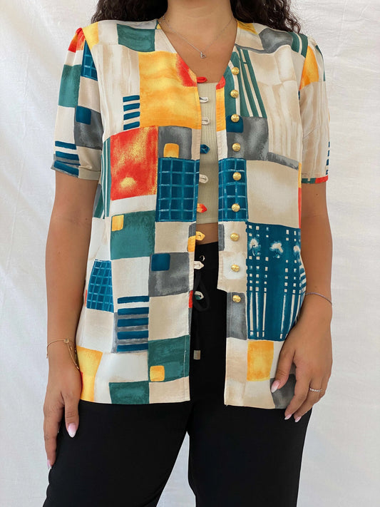 Vintage Handmade Abstract Multi-Colored Gold Buttoned Shirt - L - Balagan Vintage Half Sleeve Shirt 00s, 90s, Deals, Dina, half sleeve shirt
