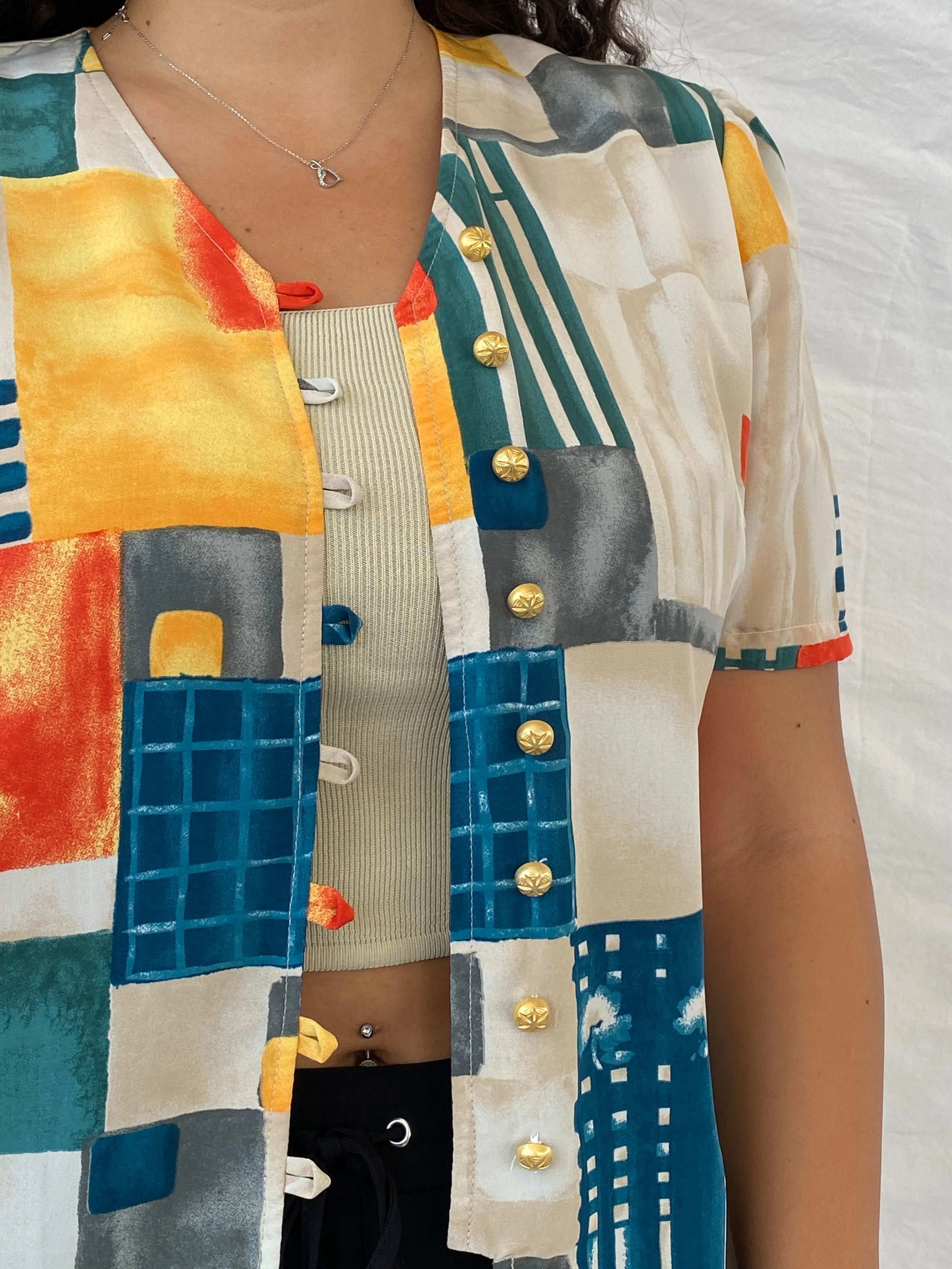 Vintage Handmade Abstract Multi-Colored Gold Buttoned Shirt - L - Balagan Vintage Half Sleeve Shirt 00s, 90s, Deals, Dina, half sleeve shirt